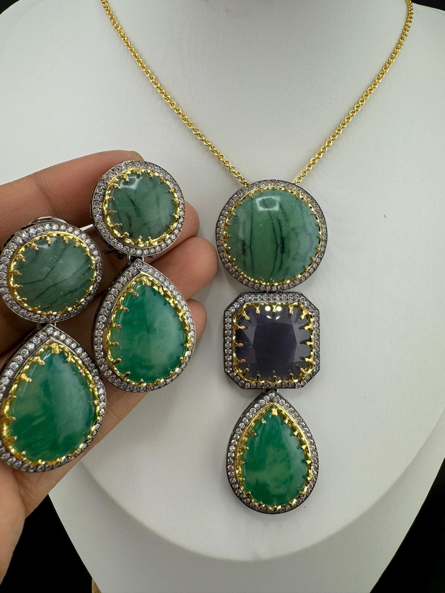 Sabyasachi Inspired Premium doublet stone, CZ, natural stones Pendant set with long earrings