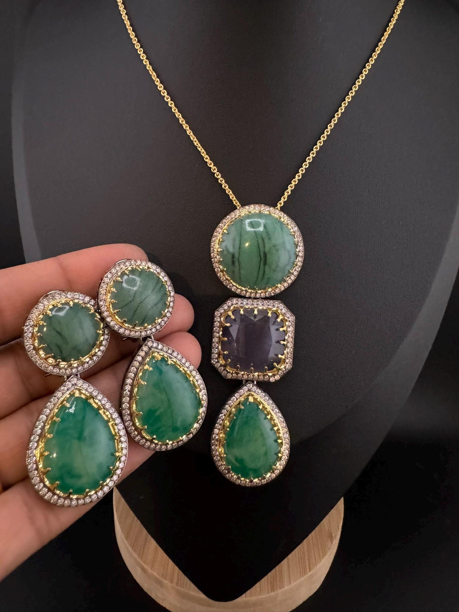 Sabyasachi Inspired Premium doublet stone, CZ, natural stones Pendant set with long earrings