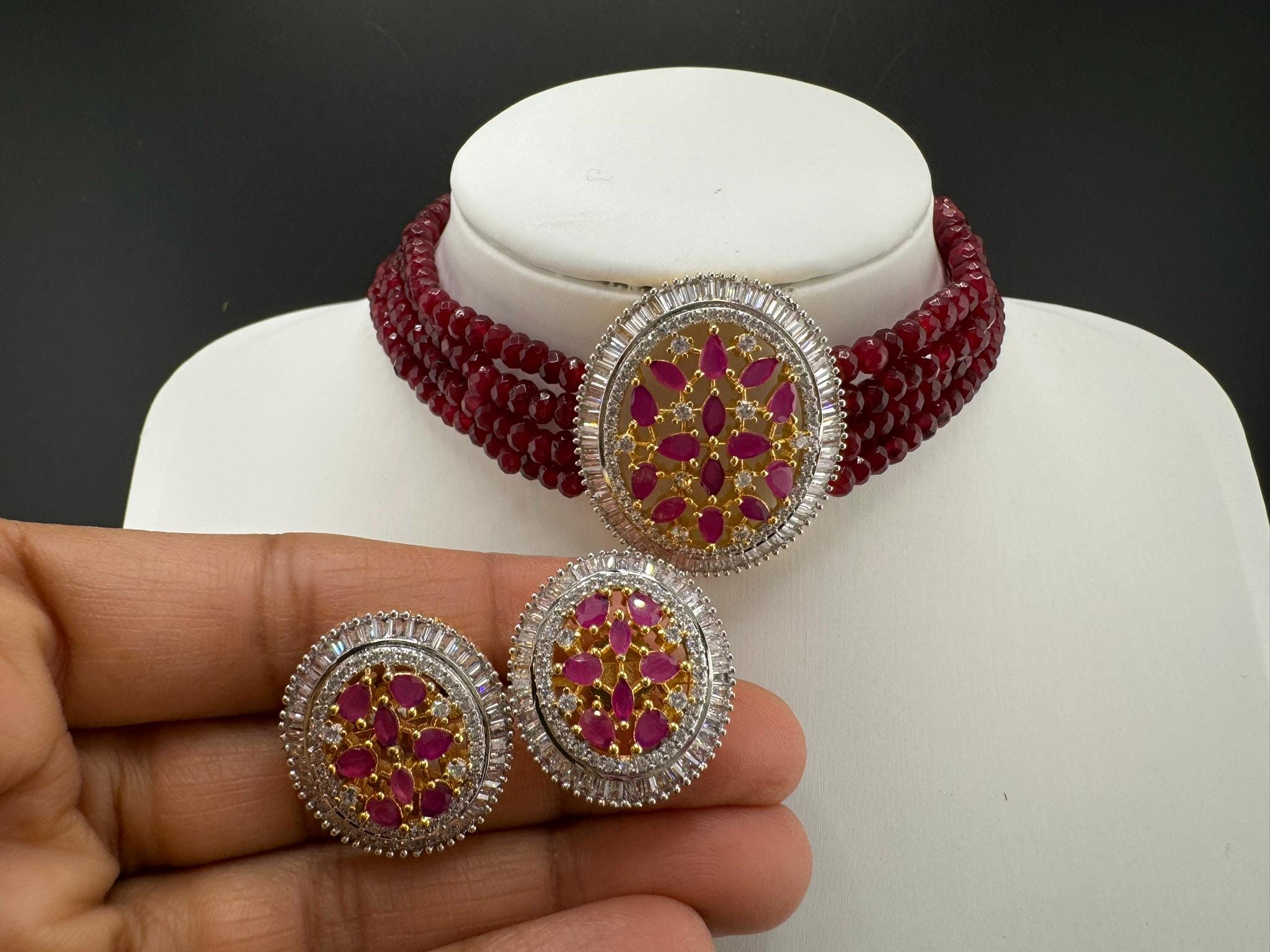 Premium Fusion necklace with CZ Pendant, natural stones and onyx beads choker Necklace set