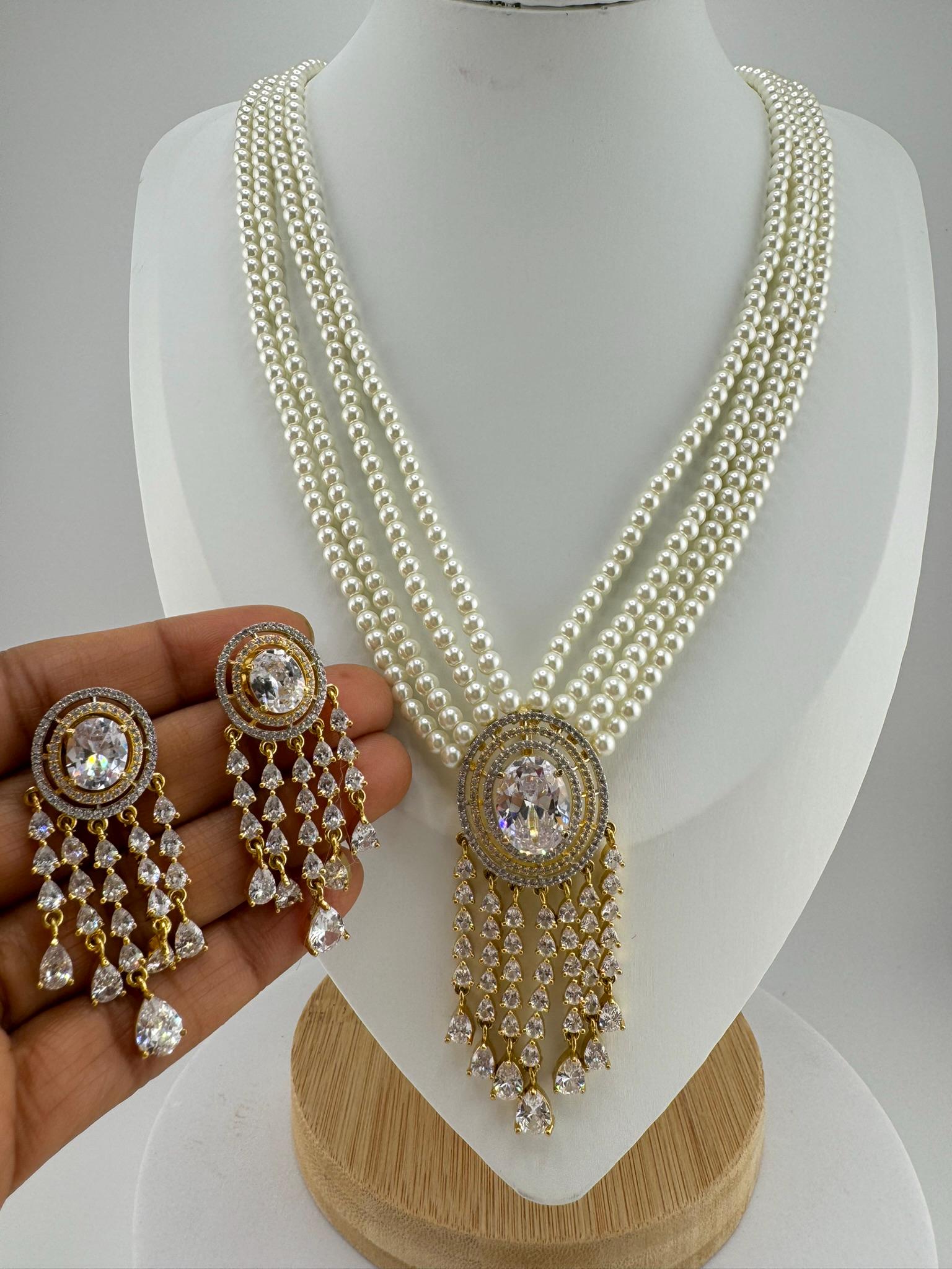 Premium Long necklace, Rani Haar with CZ pendant, natural stones and onyx beads Long Necklace set