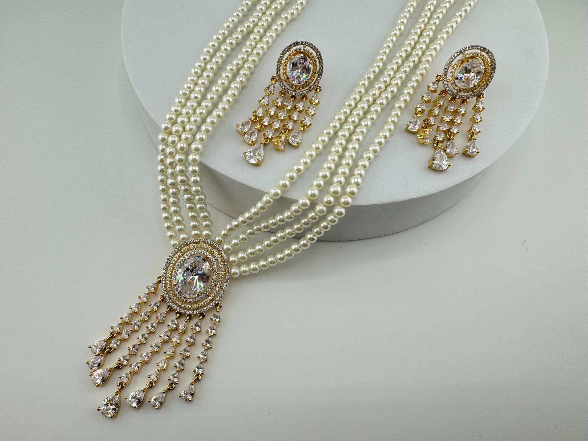 Premium Long necklace, Rani Haar with CZ pendant, natural stones and onyx beads Long Necklace set