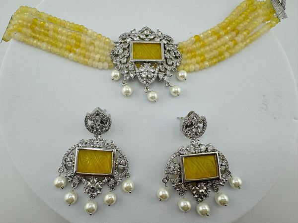 Premium fusion Choker necklace set with CZ pendant, carved stones and Onyx Hydro beads