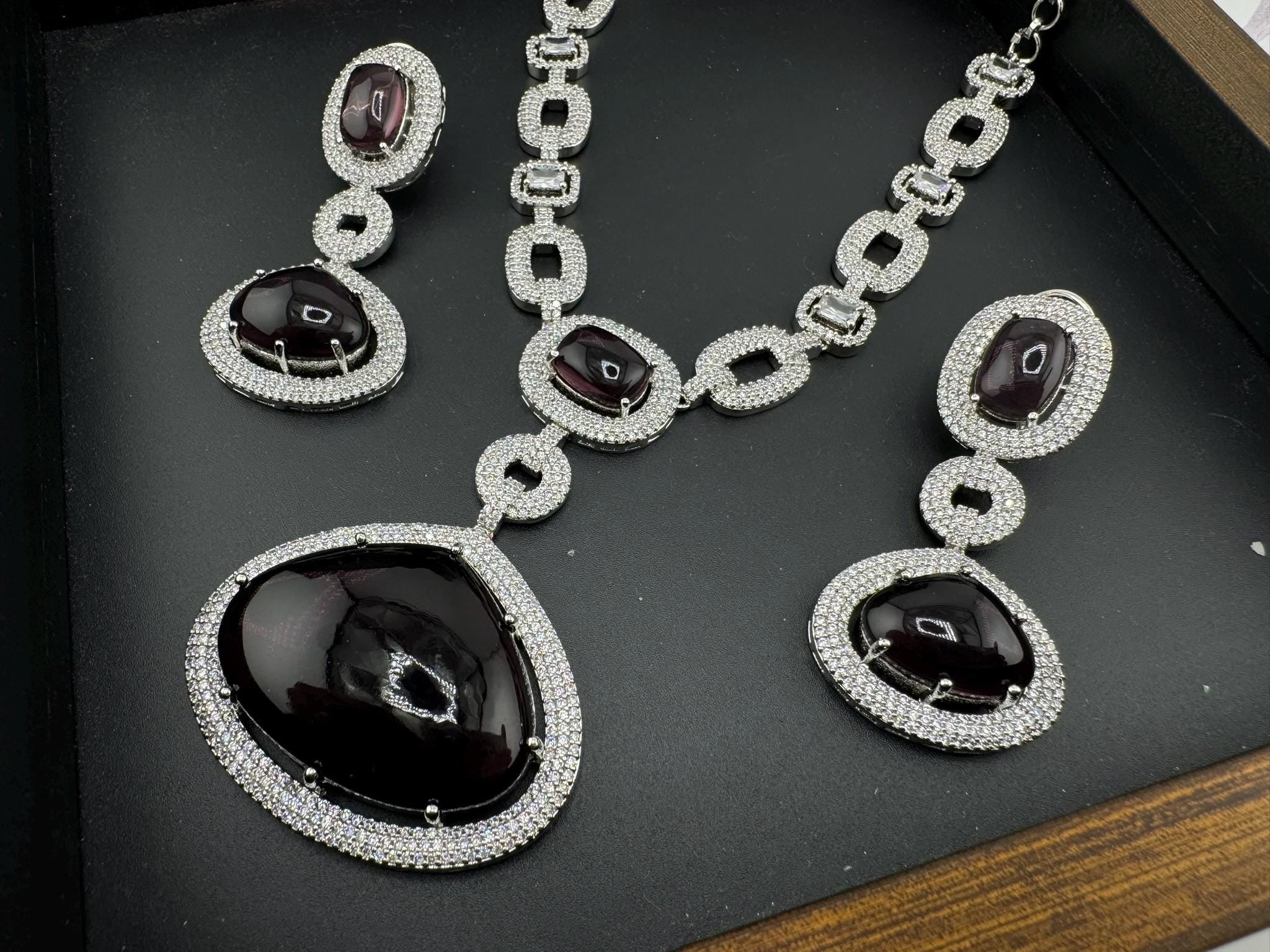 Premium Long necklace in Cubic Zirconia and Wine doublet stones Necklace set with long earrings