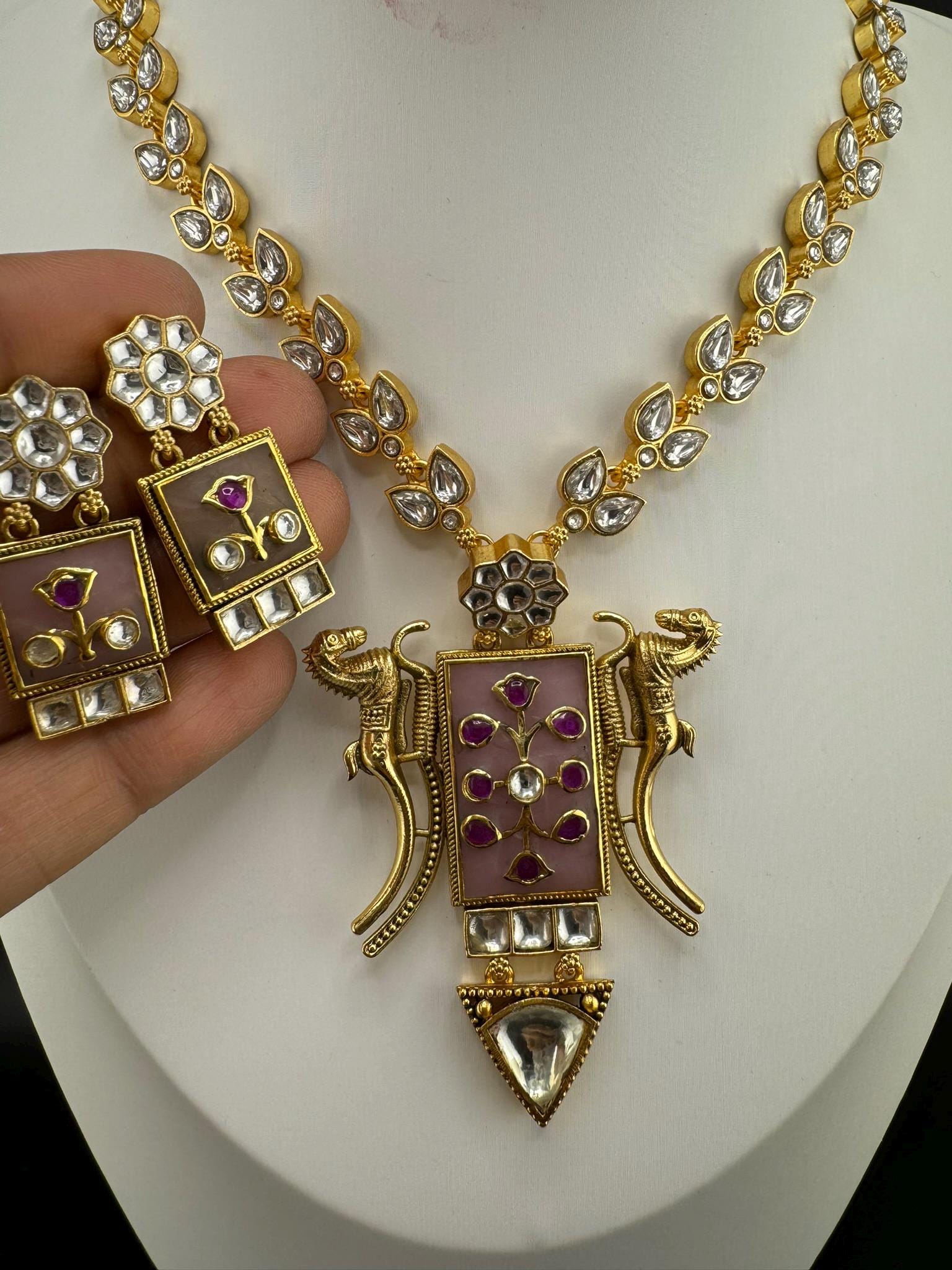 Pink Amrapali Inspired, Premium Quality Inlay work on natural stone long Necklace set