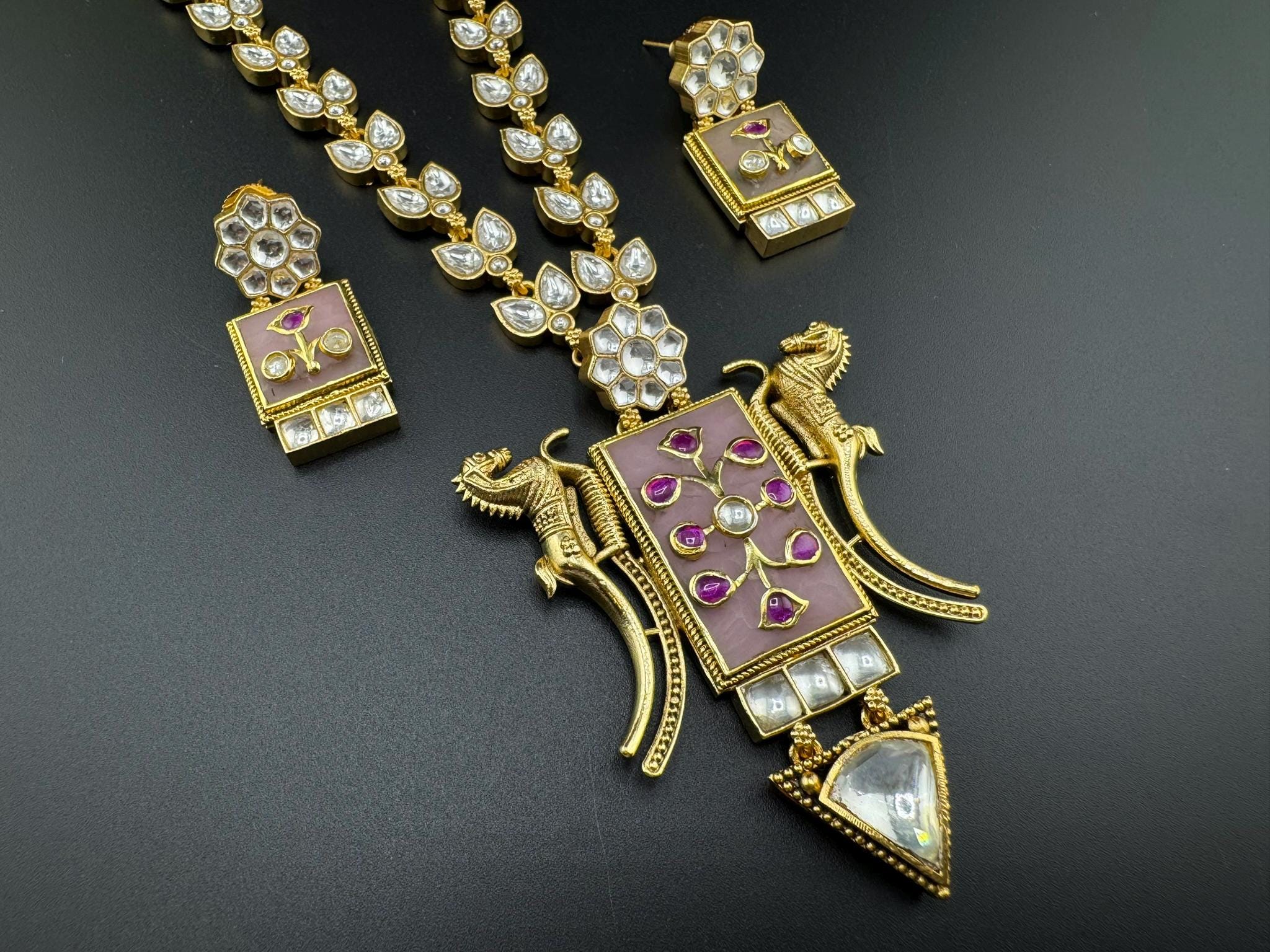 Pink Amrapali Inspired, Premium Quality Inlay work on natural stone long Necklace set