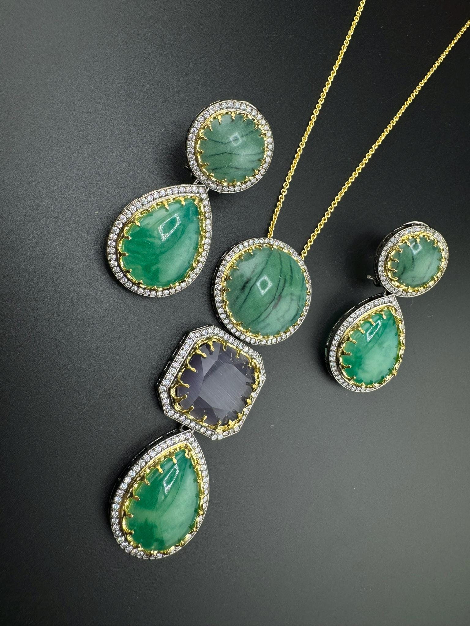 Sabyasachi Inspired Premium doublet stone, CZ, natural stones Pendant set with long earrings