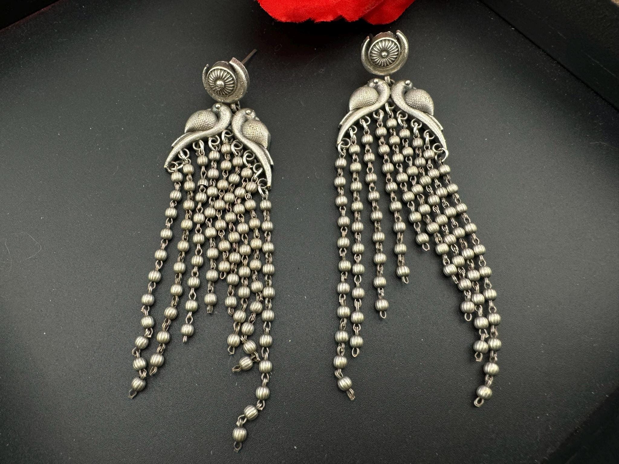 Peacock German Silver oxidized silver long earring with Tassel
