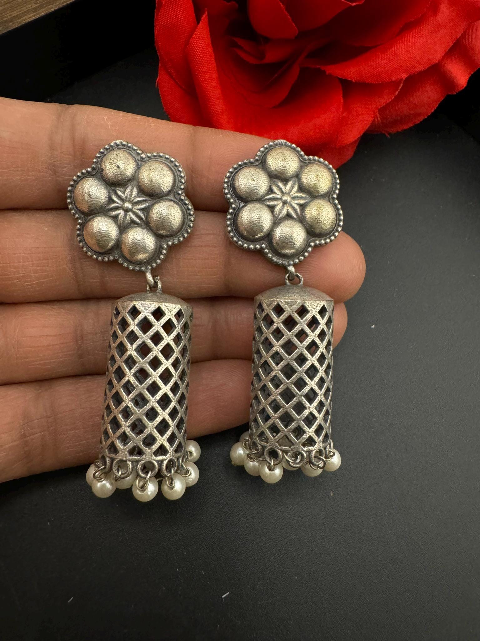 Oxidized German silver long Drum mesh earrings
