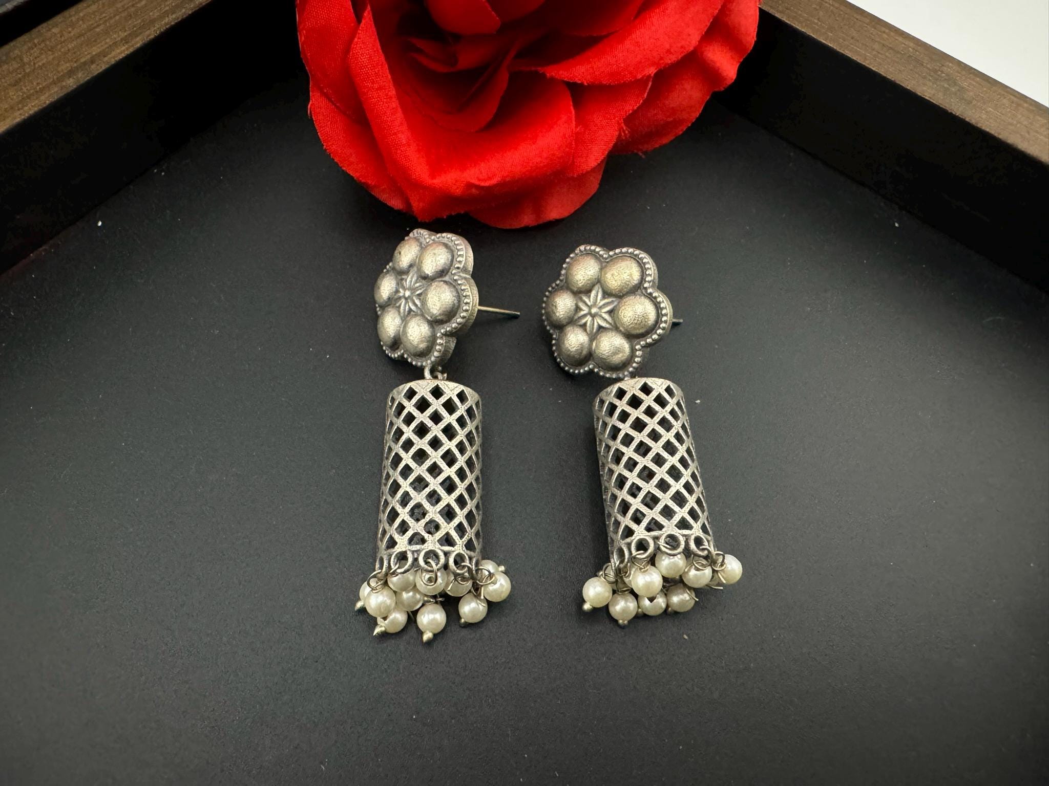 Oxidized German silver long Drum mesh earrings
