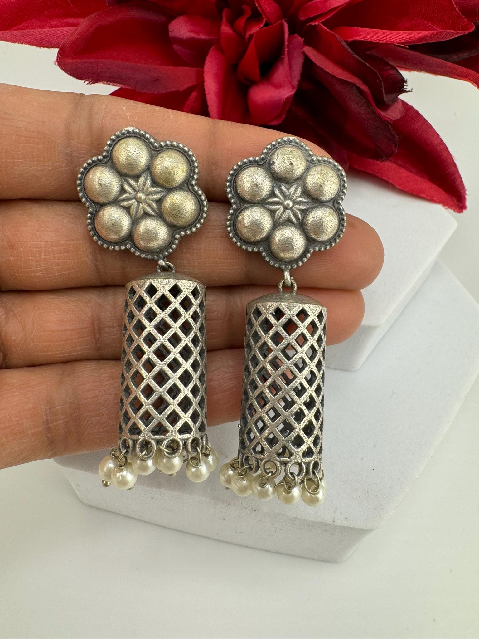 Oxidized German silver long Drum mesh earrings