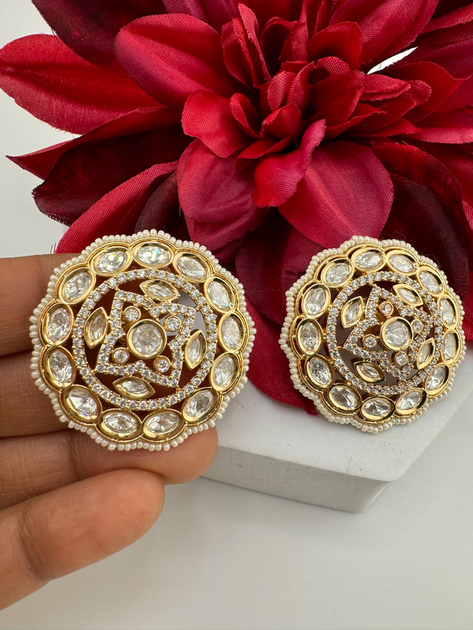 Tyaani inspired Designer Premium Moissanite Kundan and CZ Big studs earrings