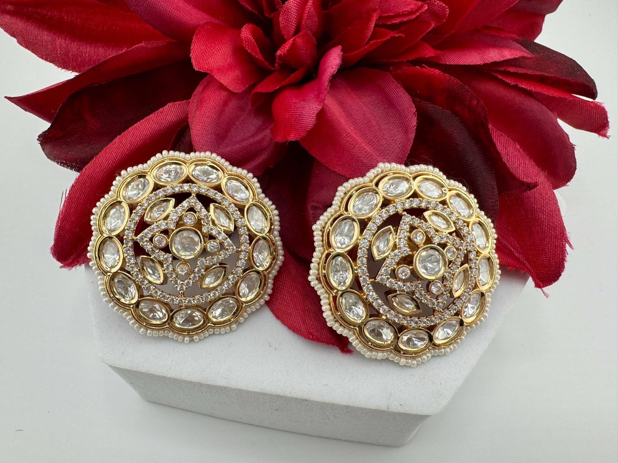 Tyaani inspired Designer Premium Moissanite Kundan and CZ Big studs earrings
