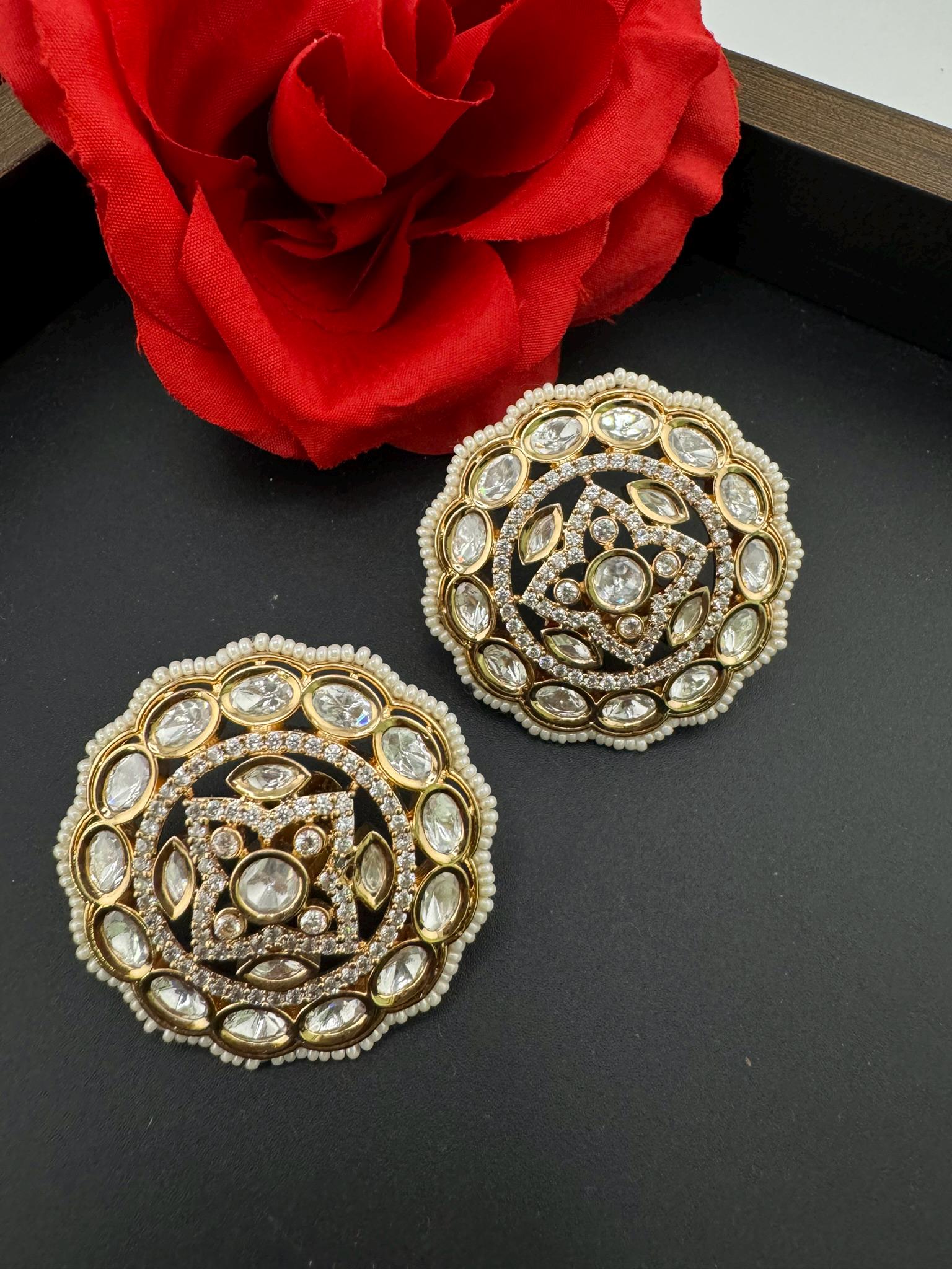 Tyaani inspired Designer Premium Moissanite Kundan and CZ Big studs earrings