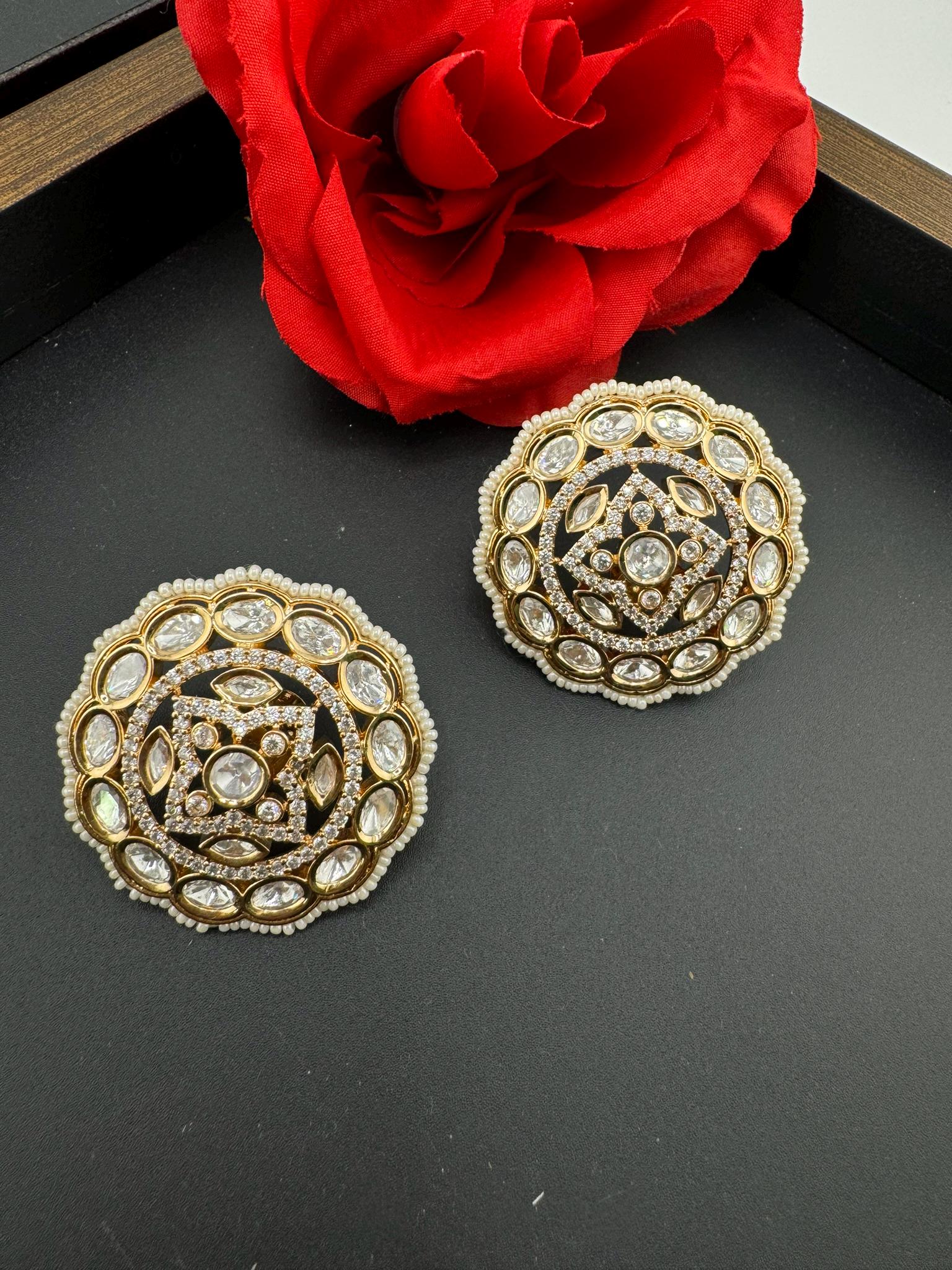 Tyaani inspired Designer Premium Moissanite Kundan and CZ Big studs earrings