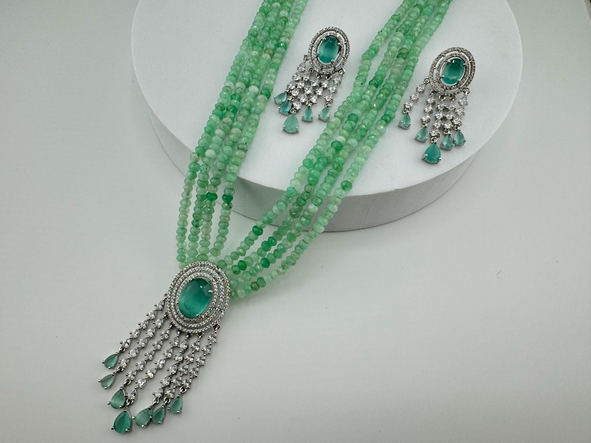 Premium Long necklace,  Rani Haar with CZ pendant, natural stones and onyx beads Long Necklace set