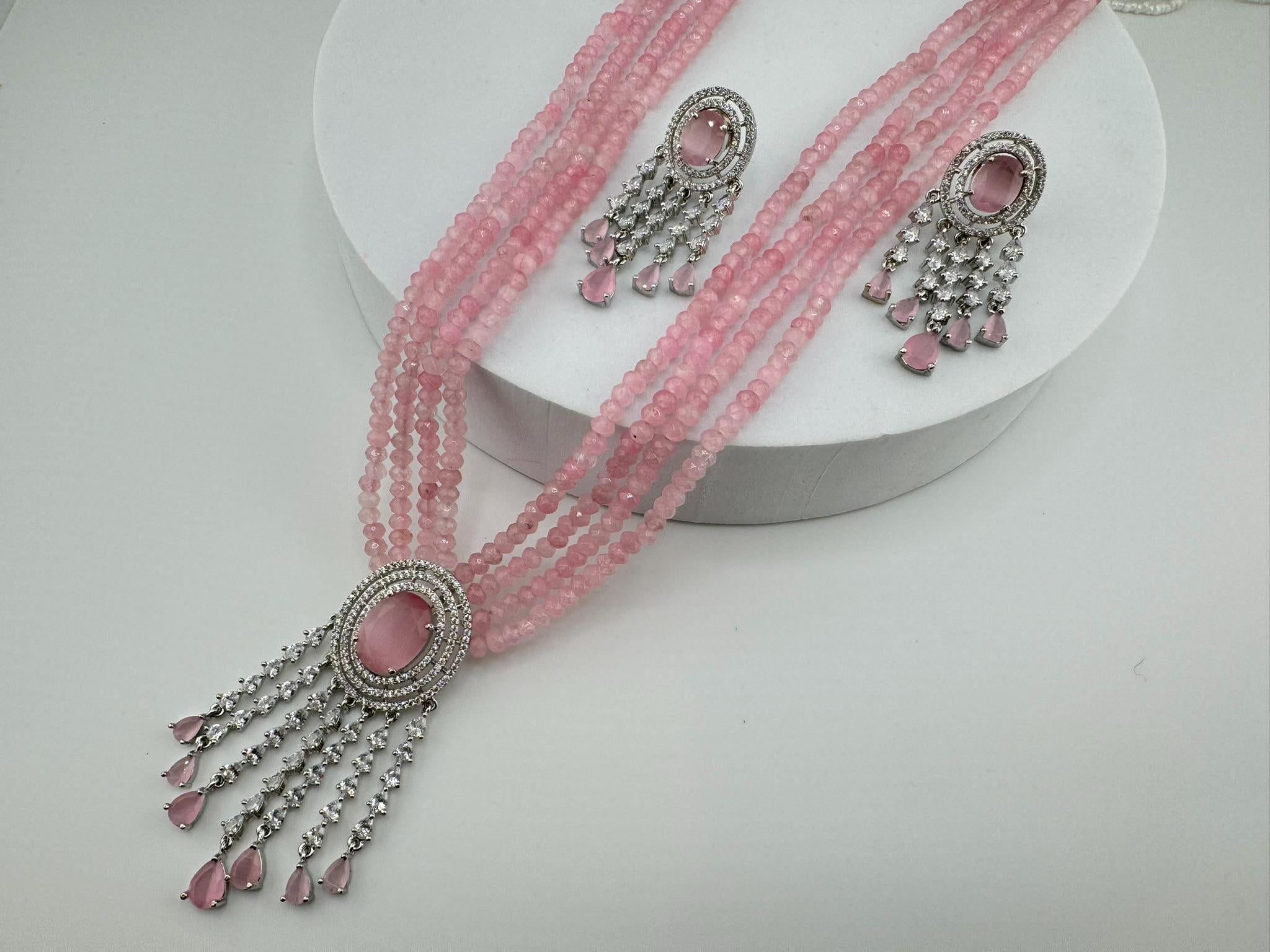 Premium Long necklace, Rani Haar with CZ pendant, natural stones and onyx beads Long Necklace set