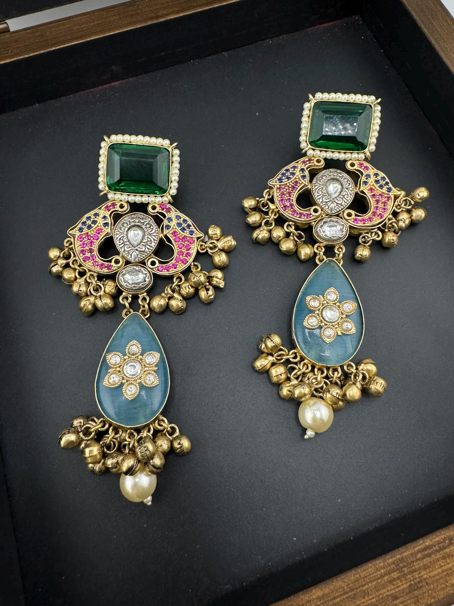 Amrapali Inspired Premium designer Chandbali Earring with Multicolor Pachi Kundan and Gungroo