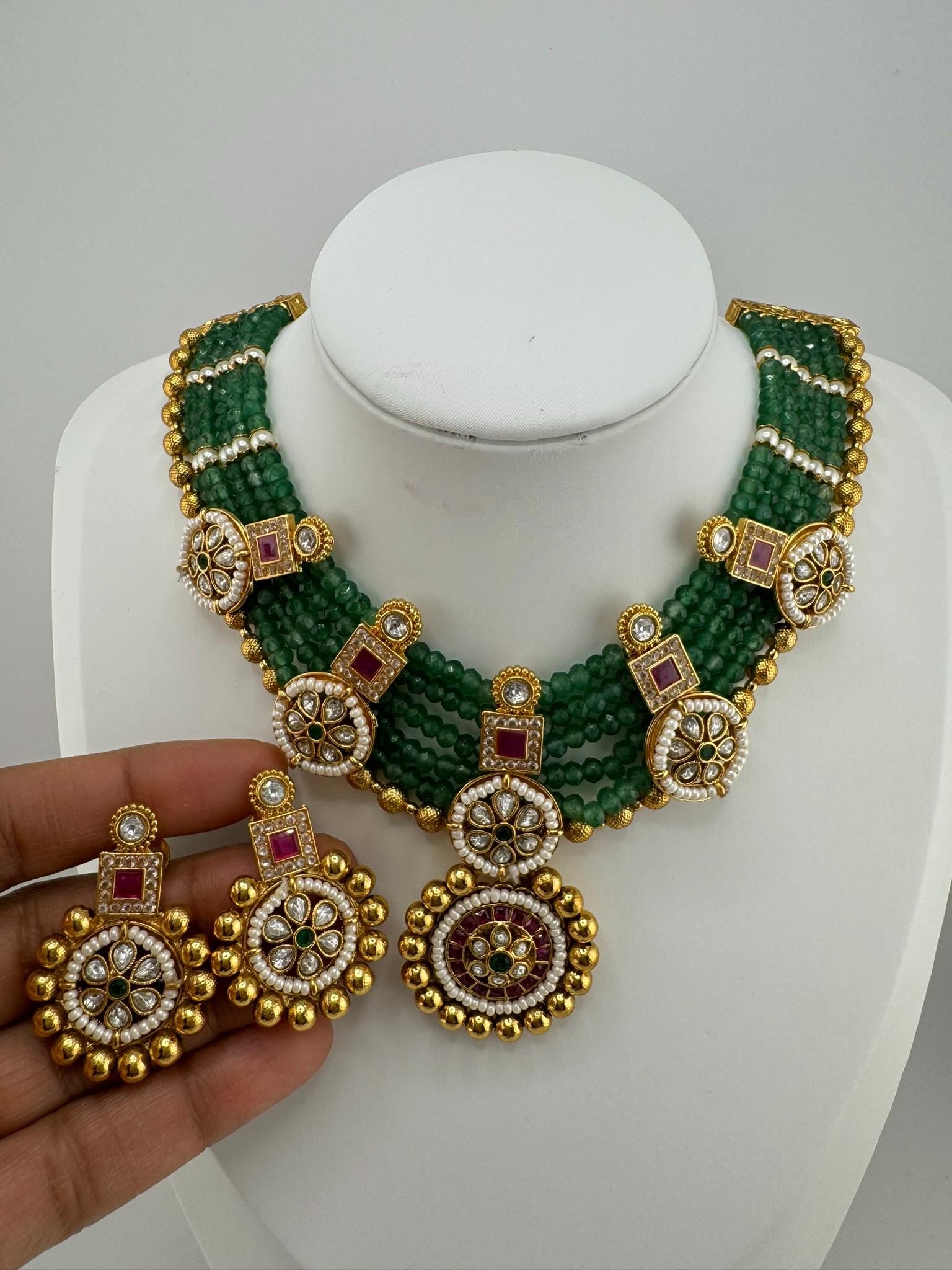 Amrapali Inspired Premium Rajwadi Neacklace set with Kundan, onyx beads in Matt Gold, Rani Haar