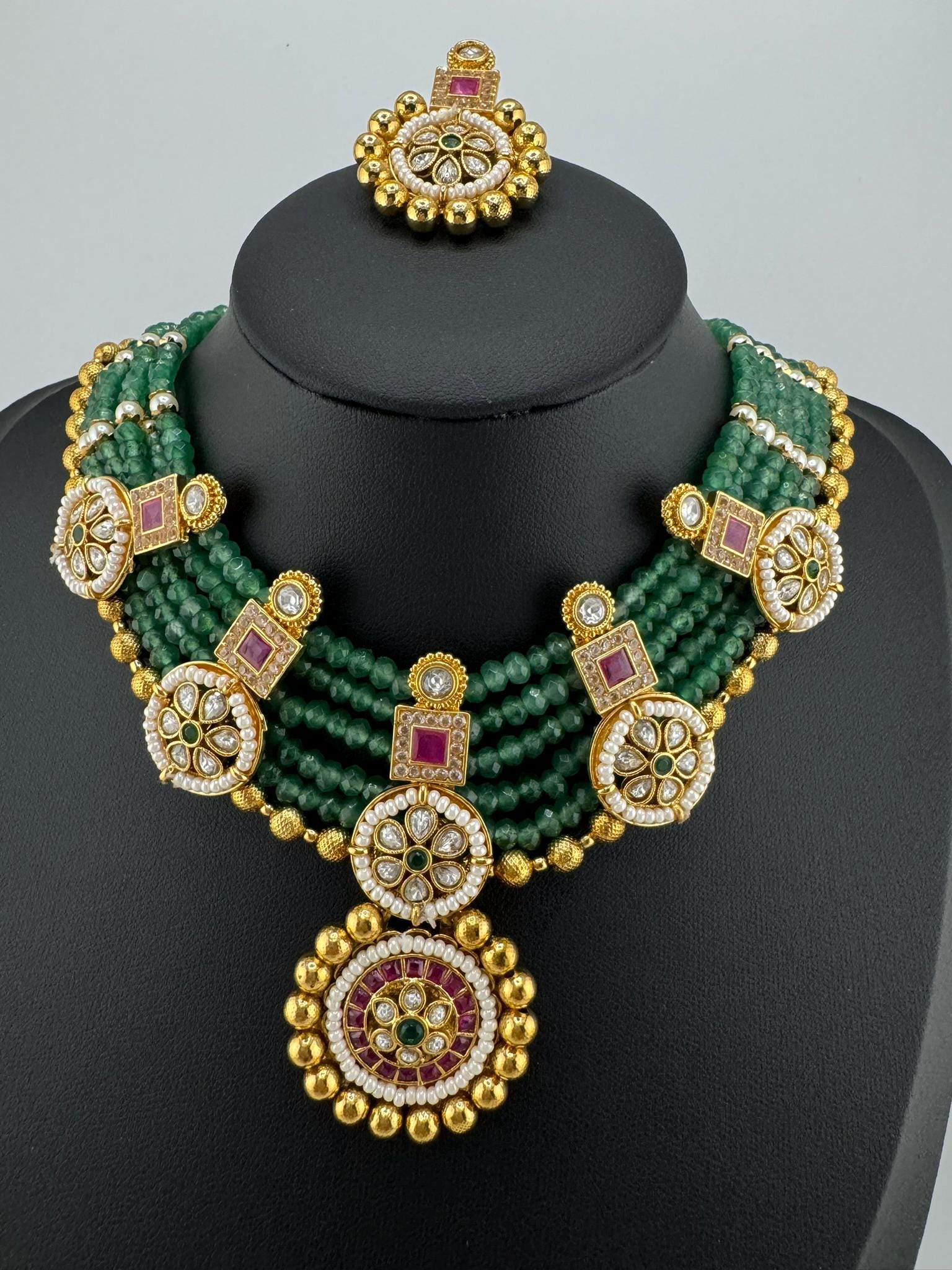Amrapali Inspired Premium Rajwadi Neacklace set with Kundan, onyx beads in Matt Gold, Rani Haar