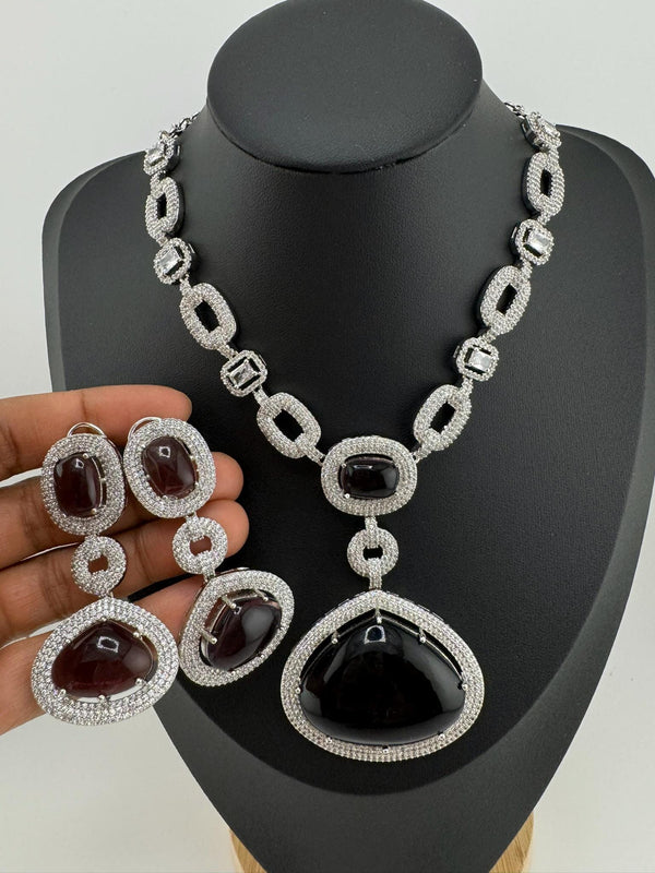 Premium Long necklace in Cubic Zirconia and Wine doublet stones Necklace set with long earrings