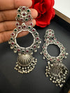 German Silver Oxidized long Oversized Jhumka earrings with multicolor stones