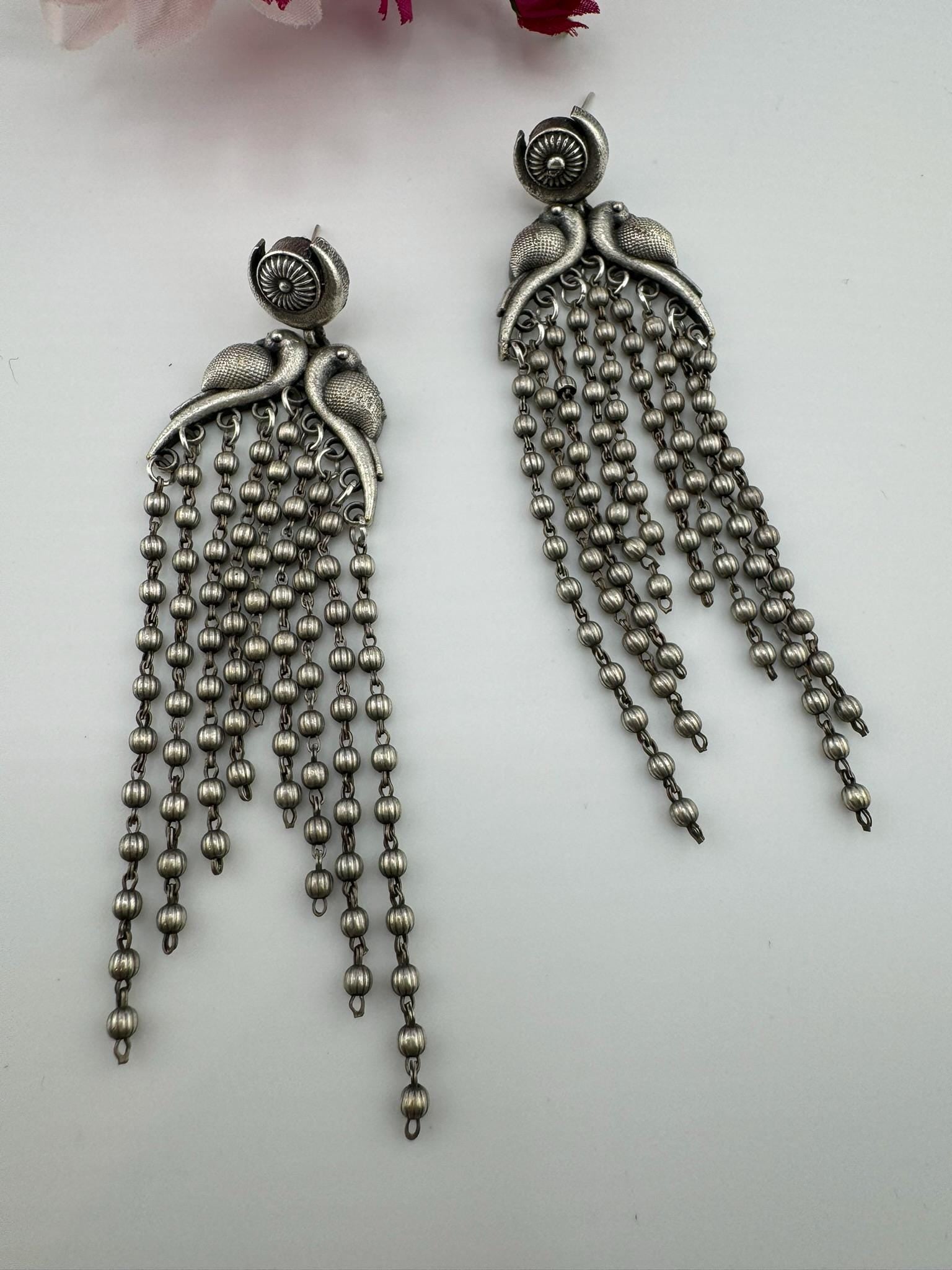 Peacock German Silver oxidized silver long earring with Tassel
