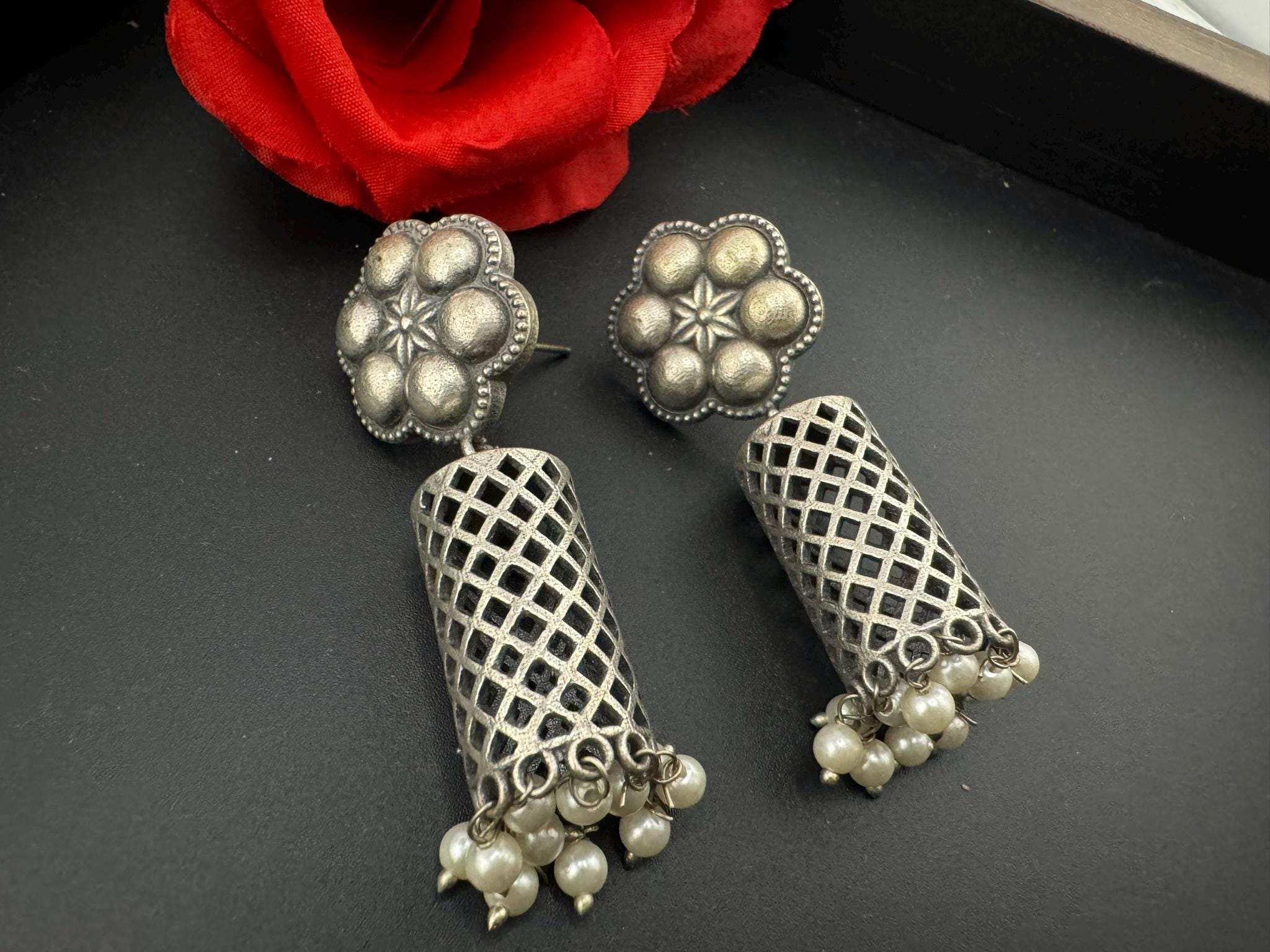 Oxidized German silver long Drum mesh earrings
