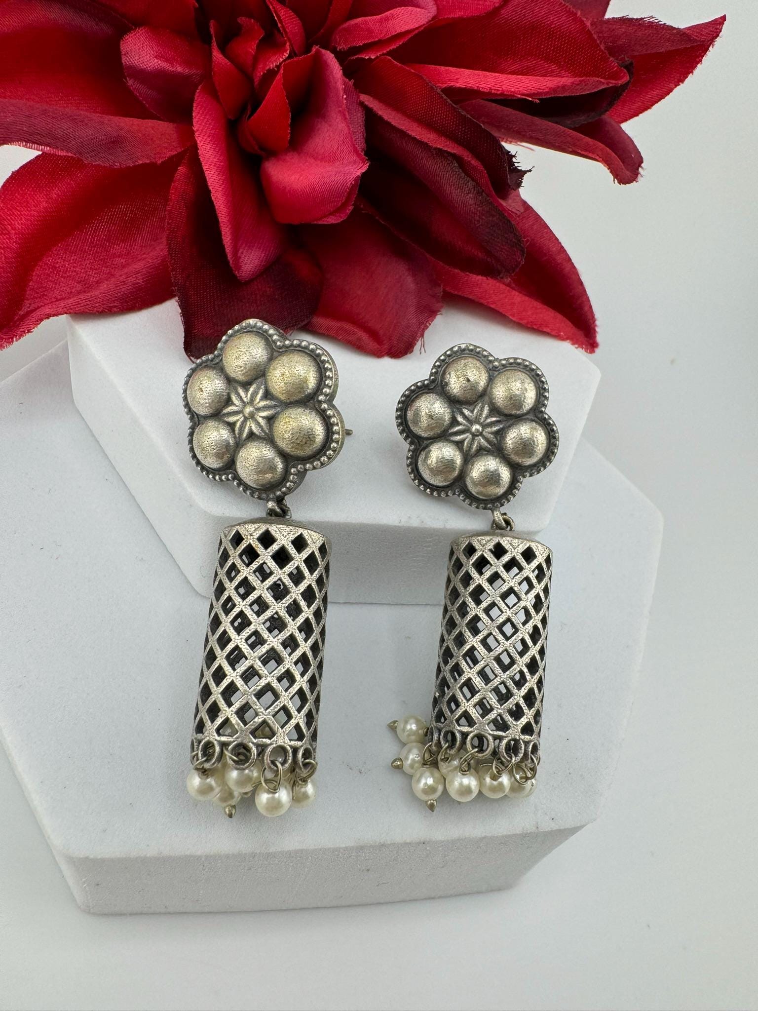 Oxidized German silver long Drum mesh earrings