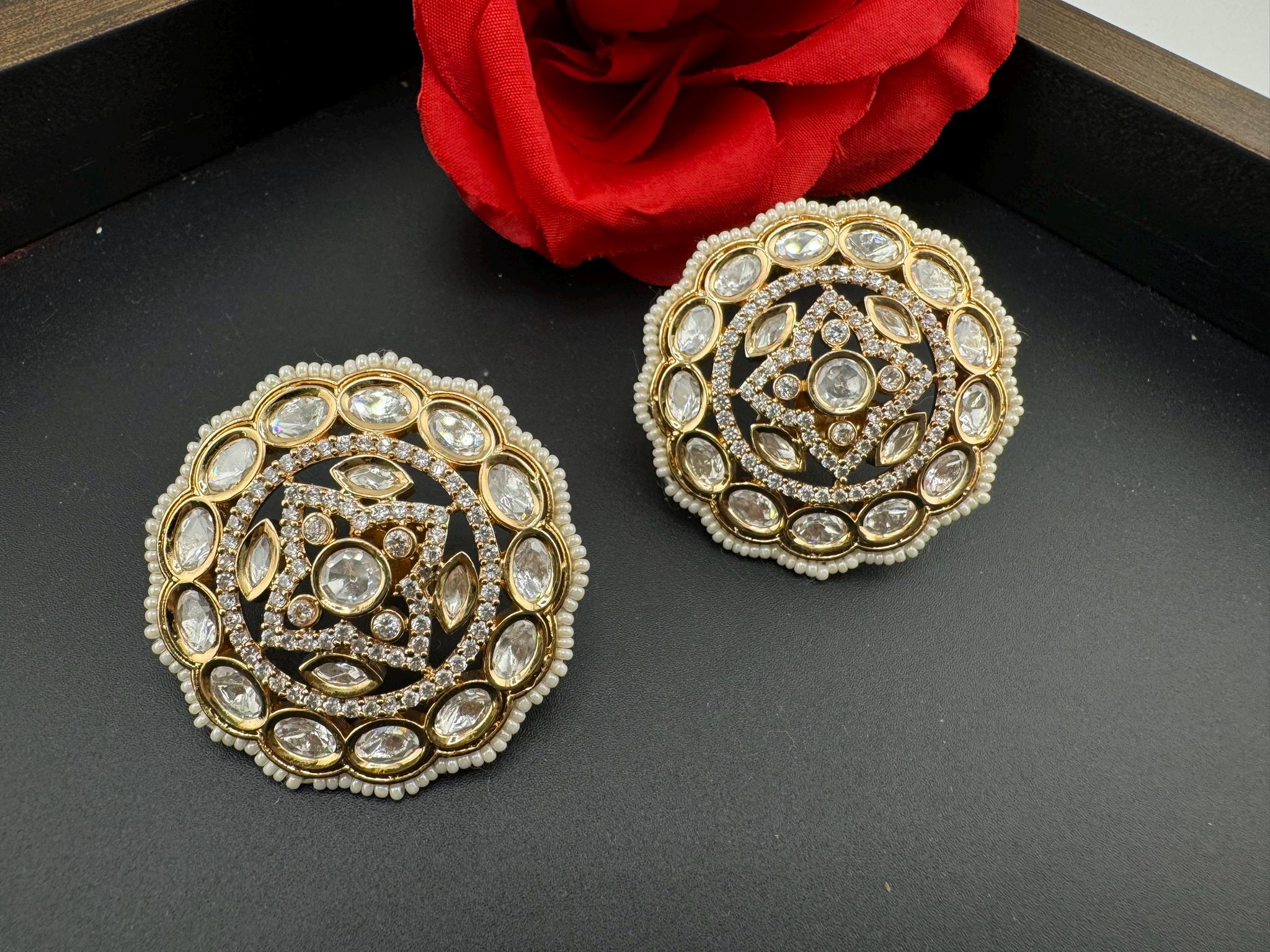 Tyaani inspired Designer Premium Moissanite Kundan and CZ Big studs earrings