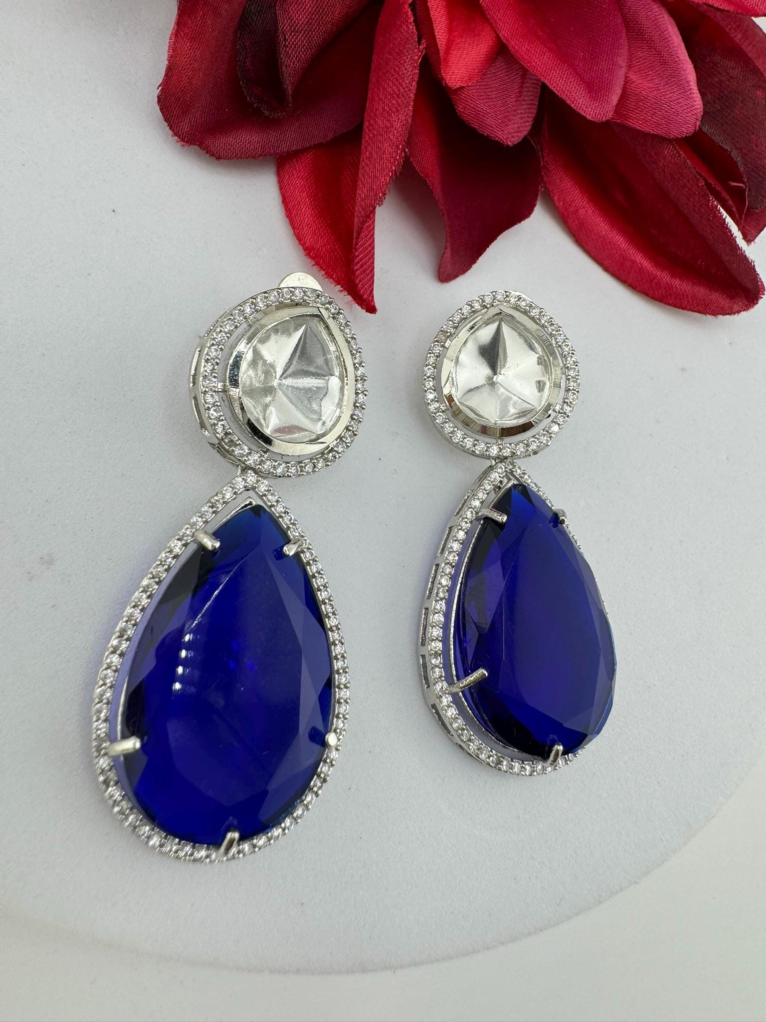 Premium Uncut Kundan, Crystal, Cubic Zirconia in unique style setting is a designer earring/Indian earring/Bridal Jewelry/Long dangler