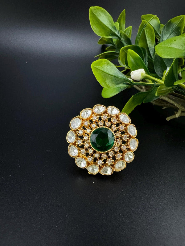 Adjustable Premium Big Finger Ring with Moissanite Kundan and Cubic Zirconia