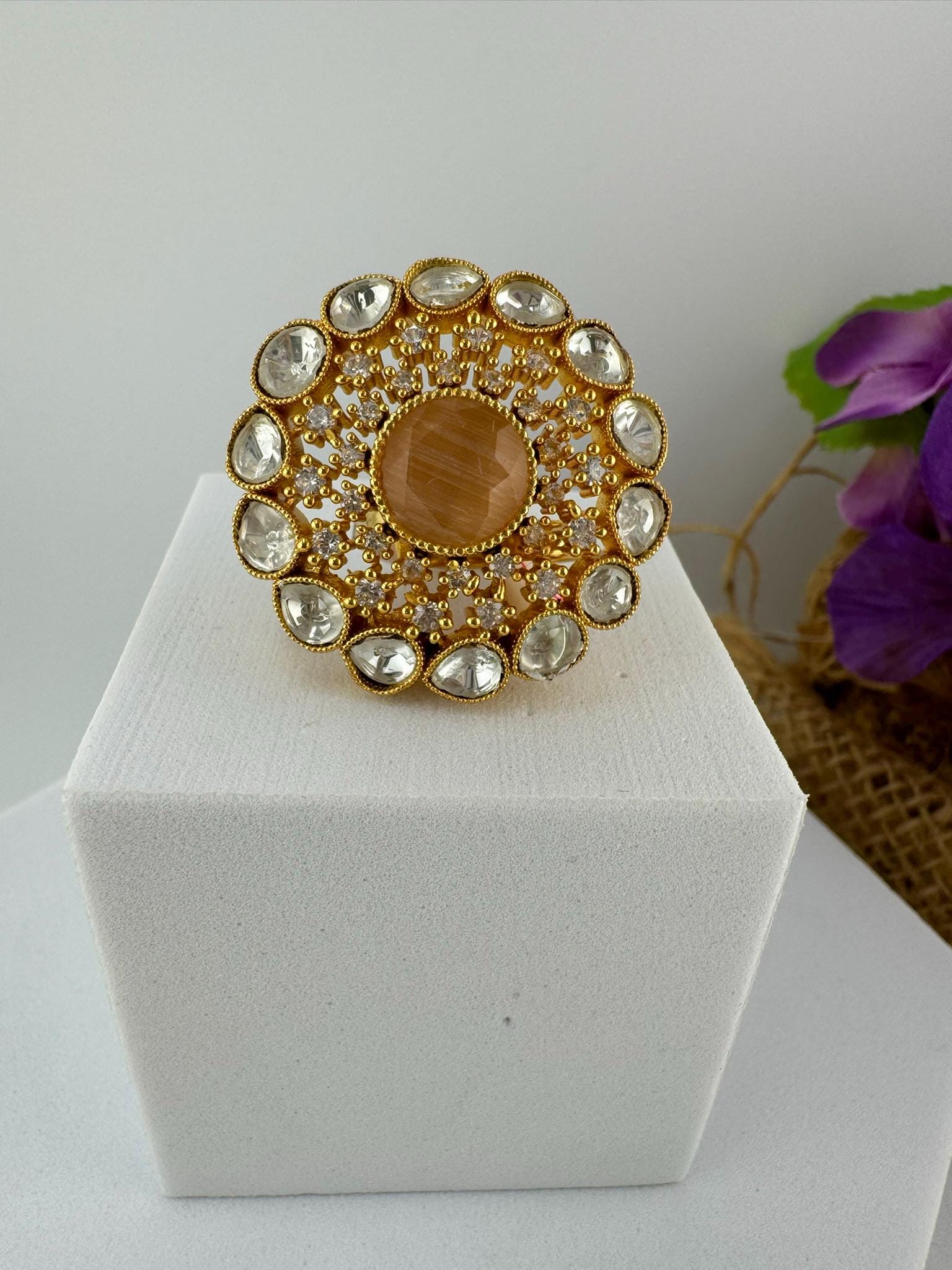 Adjustable Premium Big Finger Ring with Moissanite Kundan and Cubic Zirconia