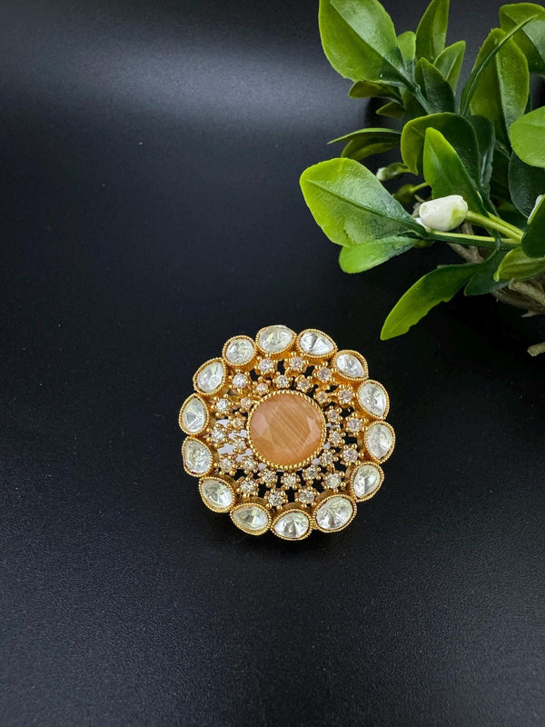 Adjustable Premium Big Finger Ring with Moissanite Kundan and Cubic Zirconia