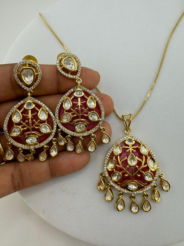 Tyaani Inspired Premium moissanite Kundan, CZ, MOP pendant set with Long dangling earrings/Indian jewelry/Premium Kundan/Bridesmaids gift