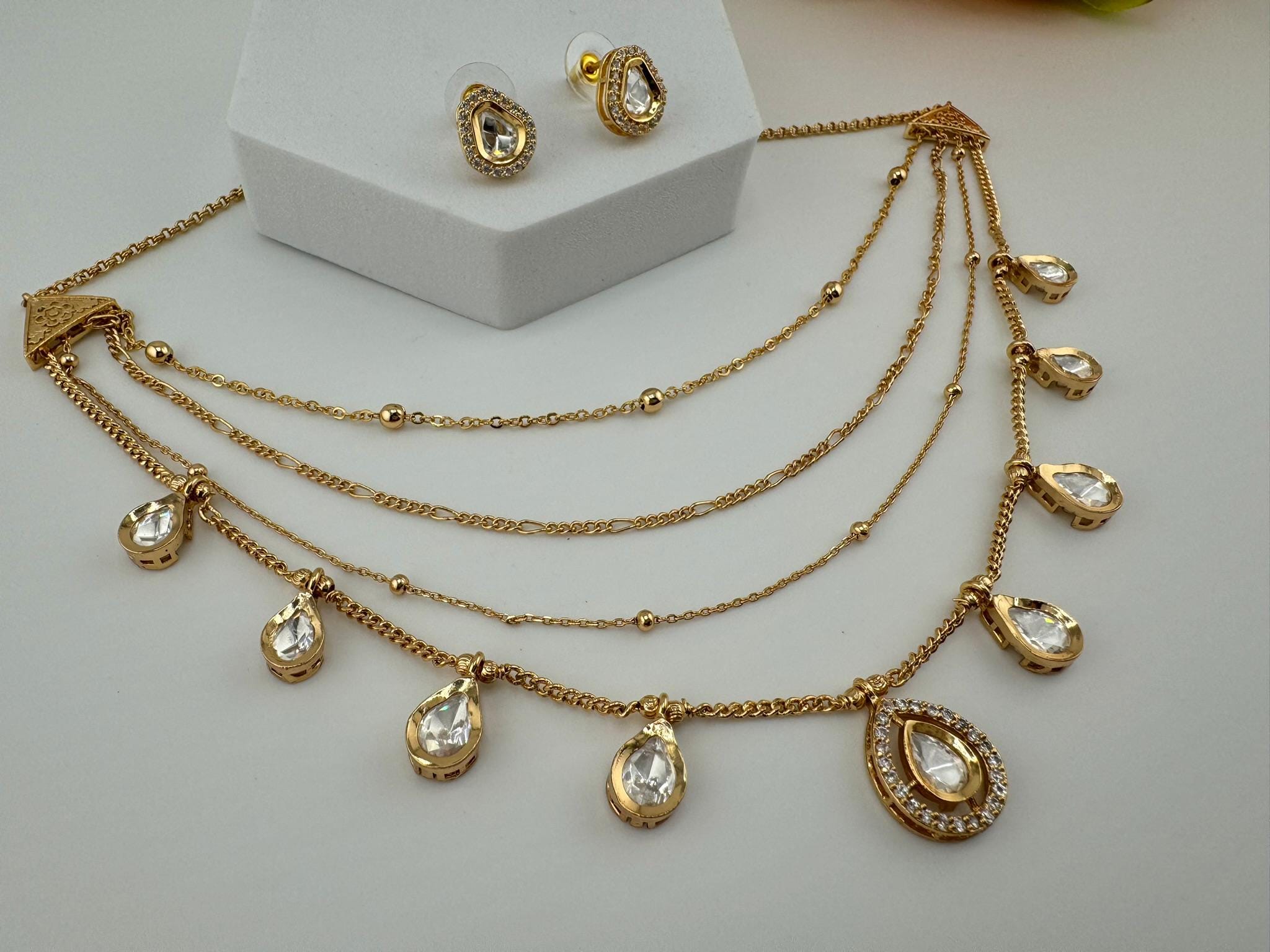 Premium Quality Multi Layer gold chains with Kundan flexible Necklace set with studs earring/Indian jewelry/Sleek Necklace set