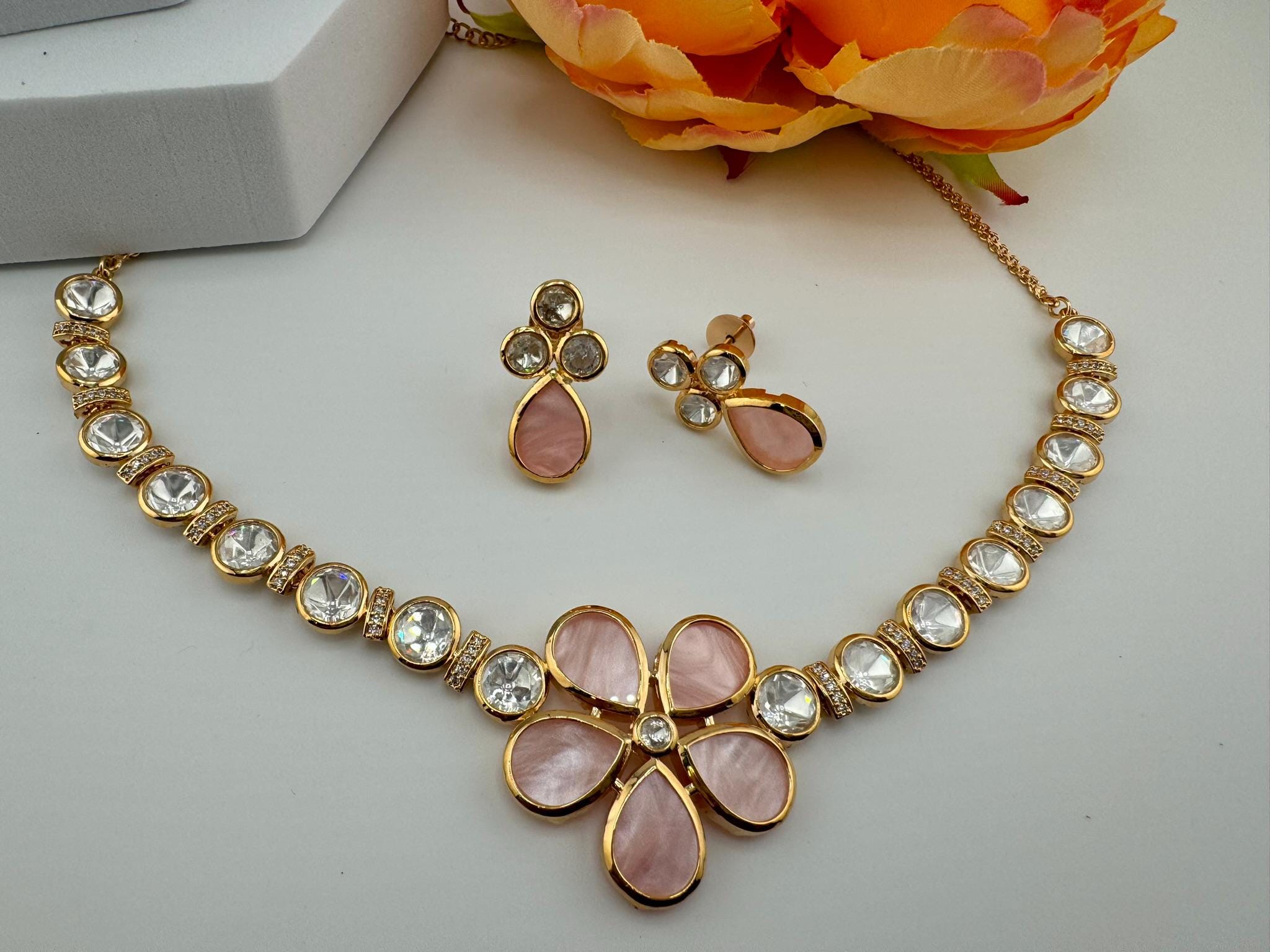 Premium Tyaani inspired Designer Necklace set with Mother Of Pearls and Moissanite Kundan