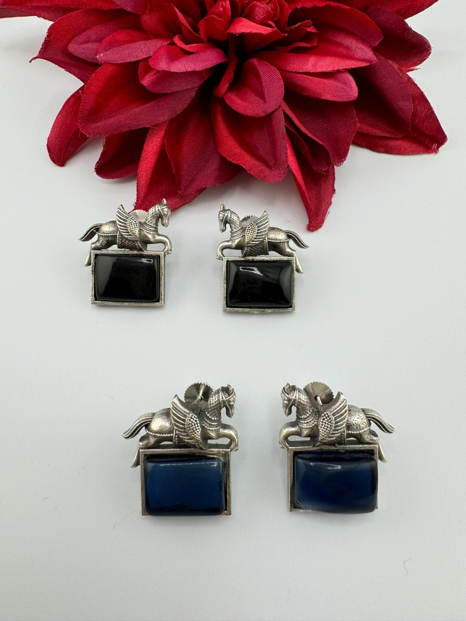 Oxidized German silver studs earrings with Horse details