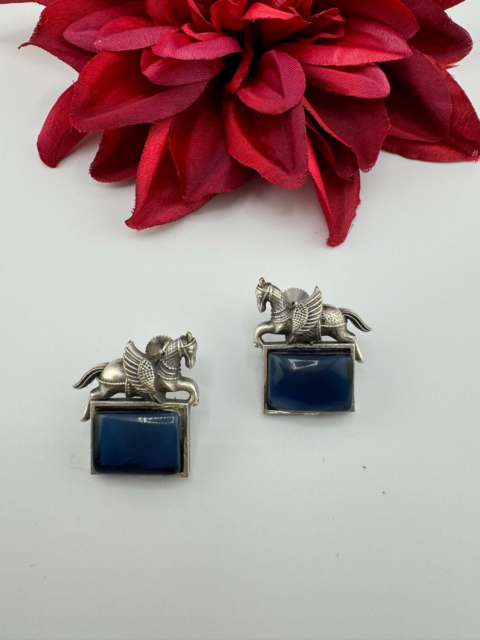 Oxidized German silver studs earrings with Horse details