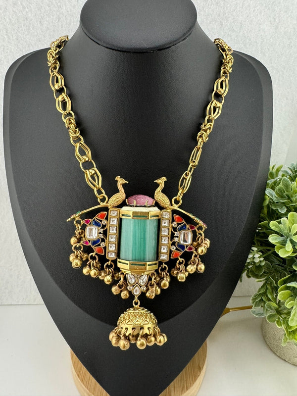 UNIQUE!!! Premium Quality with Pota Stone, Moissanite Kundan is Amrapali inspired Designer Long Necklace, NO EARRINGS/3D matt gold Ghungroo