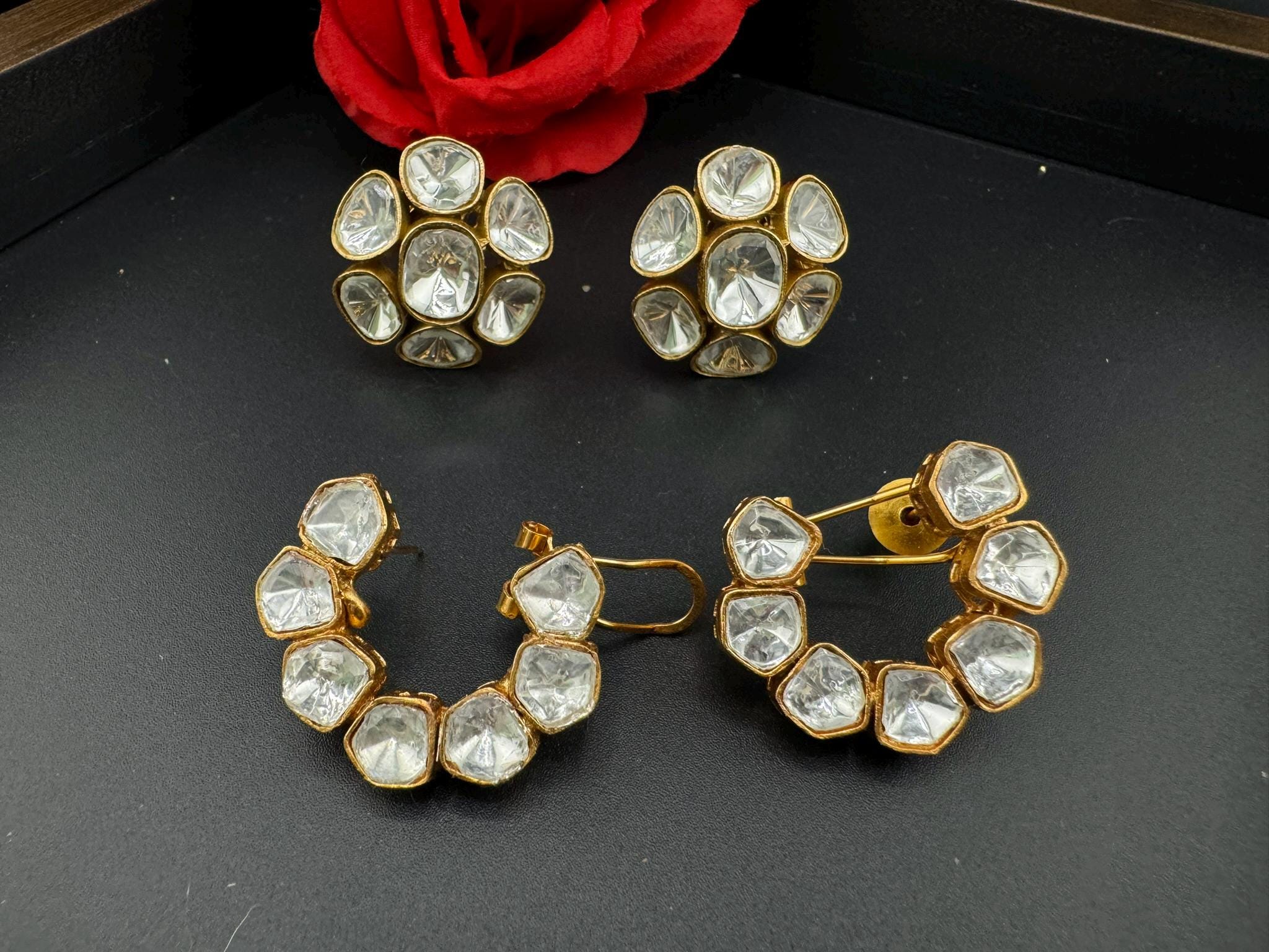 High Quality Premium uncut Kundan in unique setting is designer stud earrings with back support/uncut kundan Stud earrings/statement stud