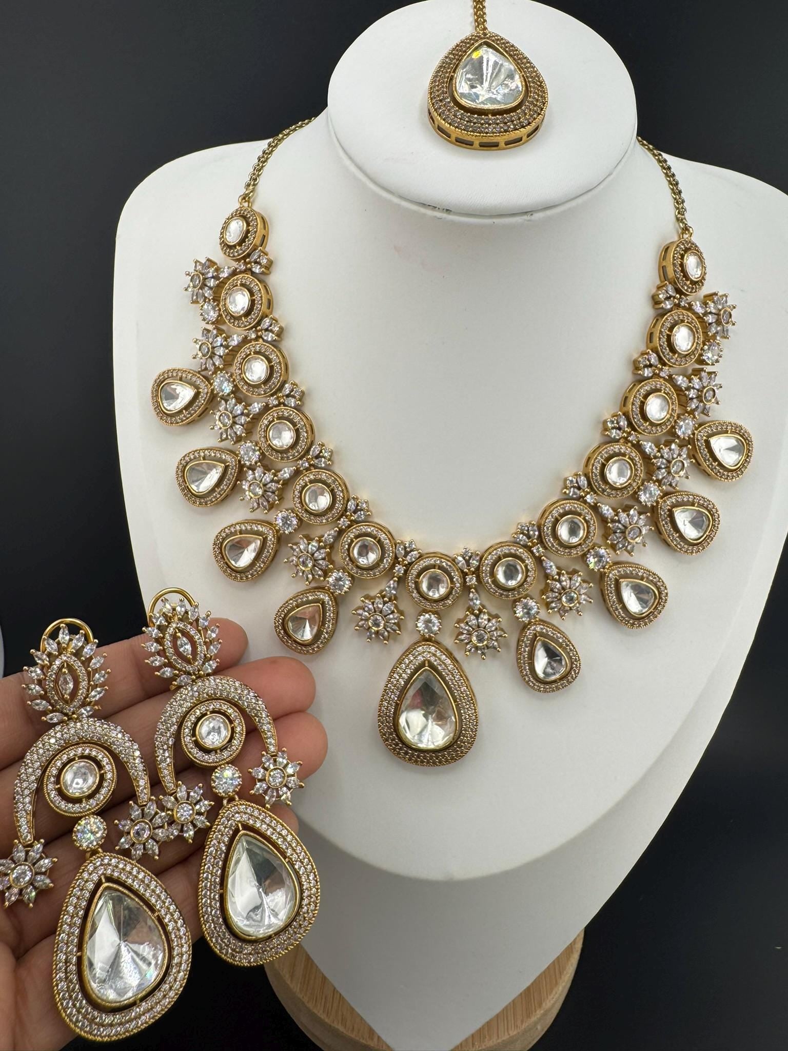 Premium Quality Moissanite Kundan, Cubic Zirconia is Designer Heavy Necklace set with long earrings and Tikka/Indian jewelry/Bridal necklace