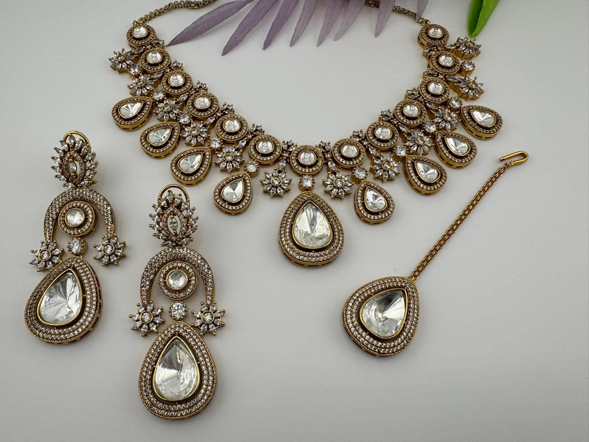 Premium Quality Moissanite Kundan, Cubic Zirconia is Designer Heavy Necklace set with long earrings and Tikka/Indian jewelry/Bridal necklace
