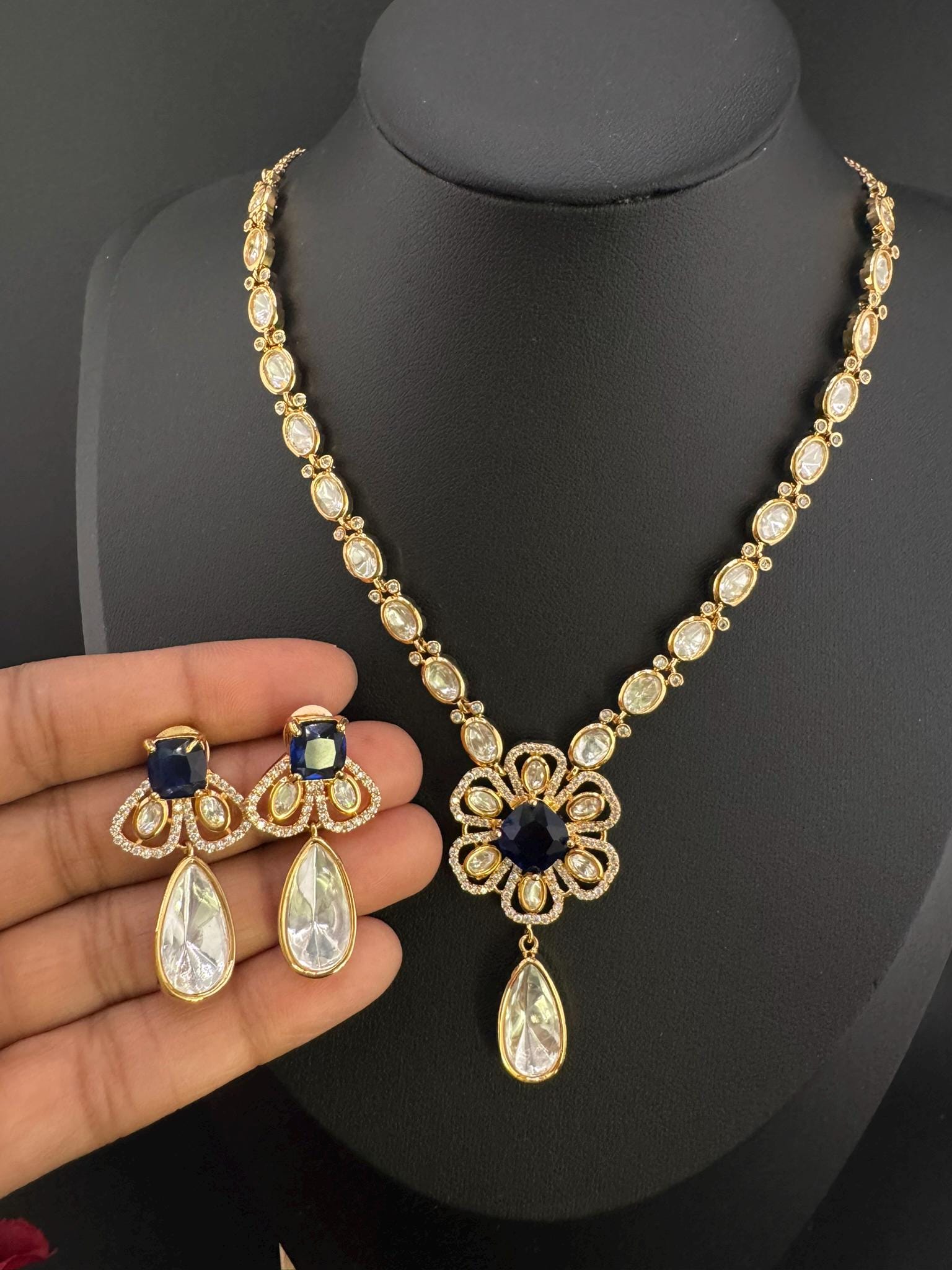 Premium Quality Moissanite Kundan, CZ,blue stone is Tyaani inspired Designer Necklace set with Kundan earrings
