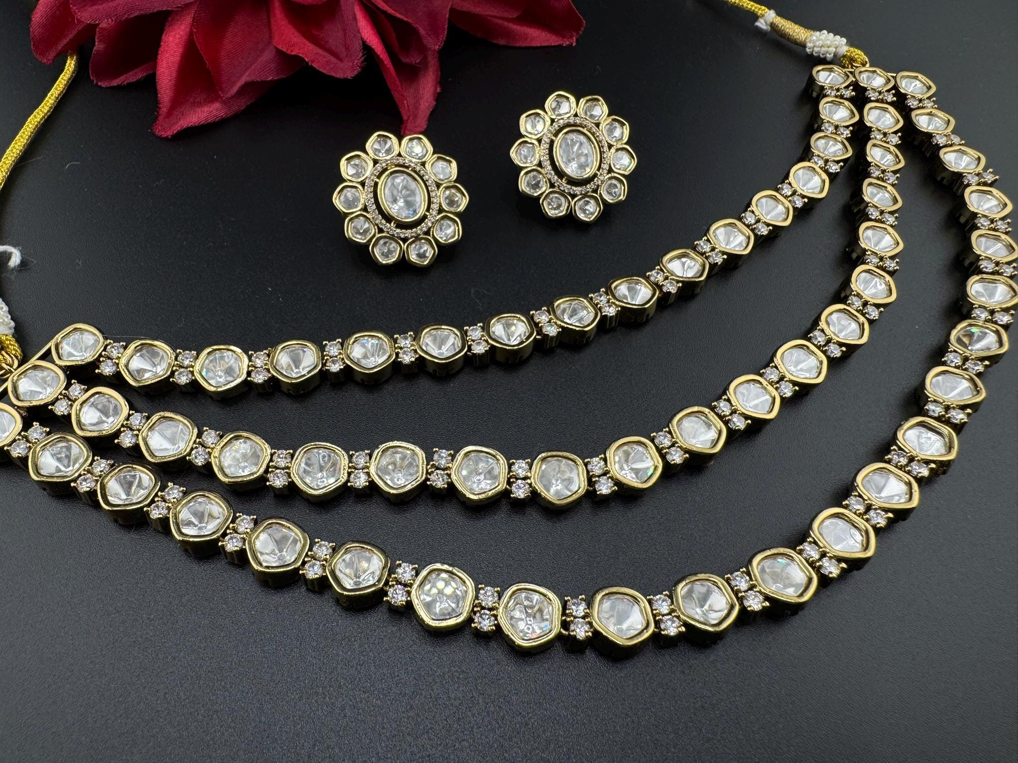 HOT SELLER!!! Premium Quality Moissanite Kundan 3Layer set is Tyaani inspired Designer Necklace set with Stud earring