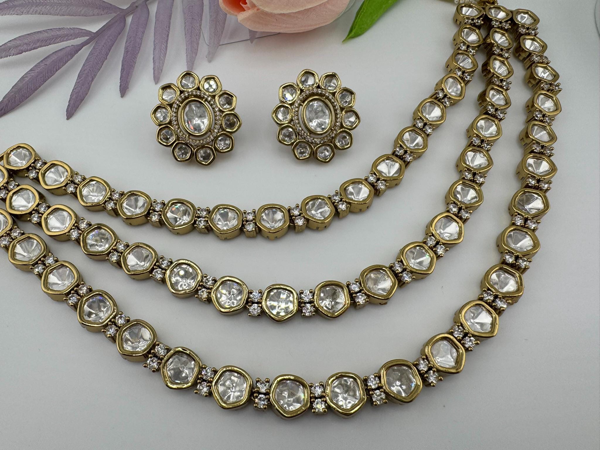 HOT SELLER!!! Premium Quality Moissanite Kundan 3Layer set is Tyaani inspired Designer Necklace set with Stud earring