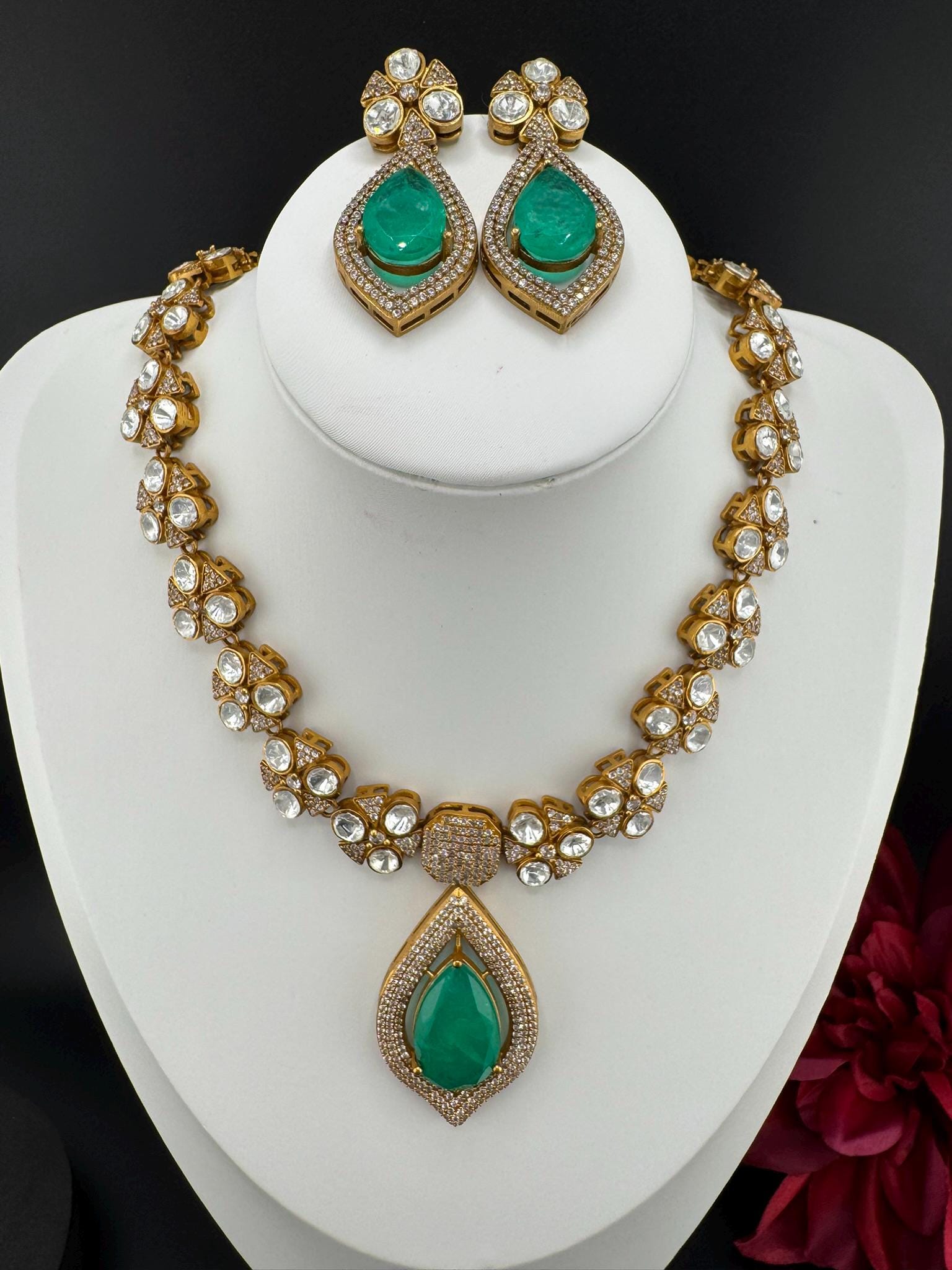 Polki Premium Moissanite Kundan, CZ, Turquoise Doublet Stone Long Necklace set with earrings