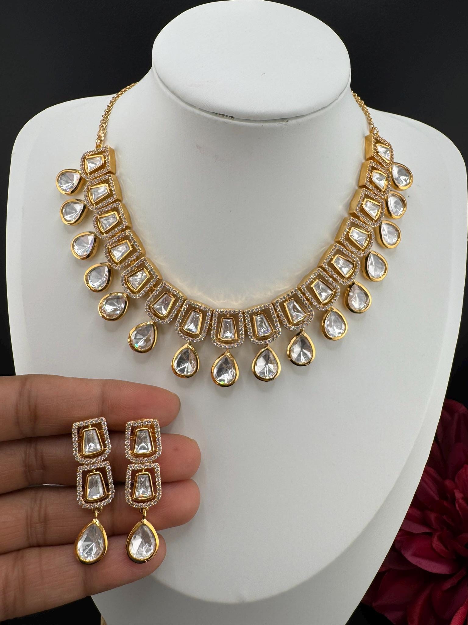 Premium Quality Moissanite Uncut Kundan & CZ is Tyaani Inspired Designer Necklace set with earrings