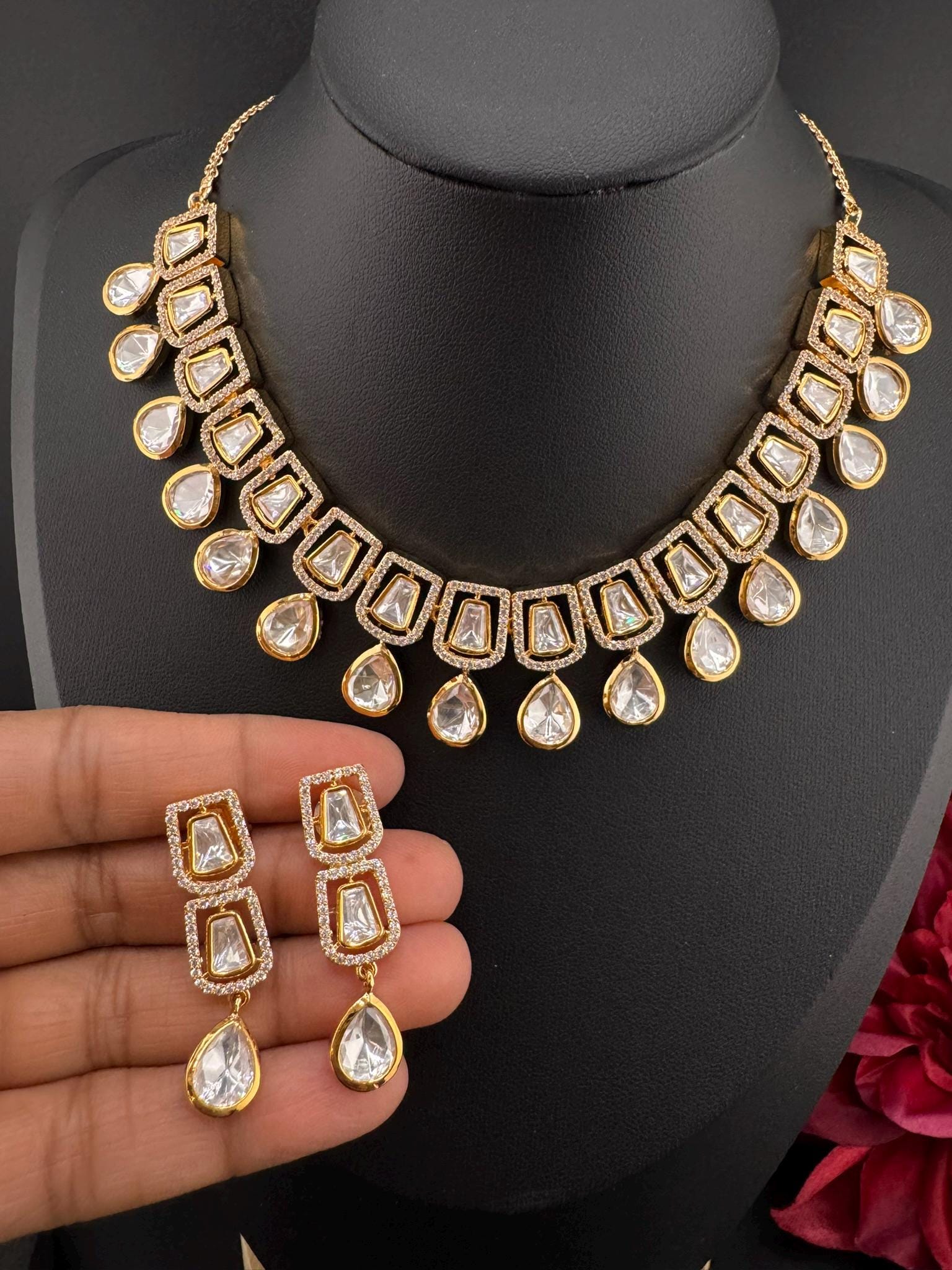 Premium Quality Moissanite Uncut Kundan & CZ is Tyaani Inspired Designer Necklace set with earrings