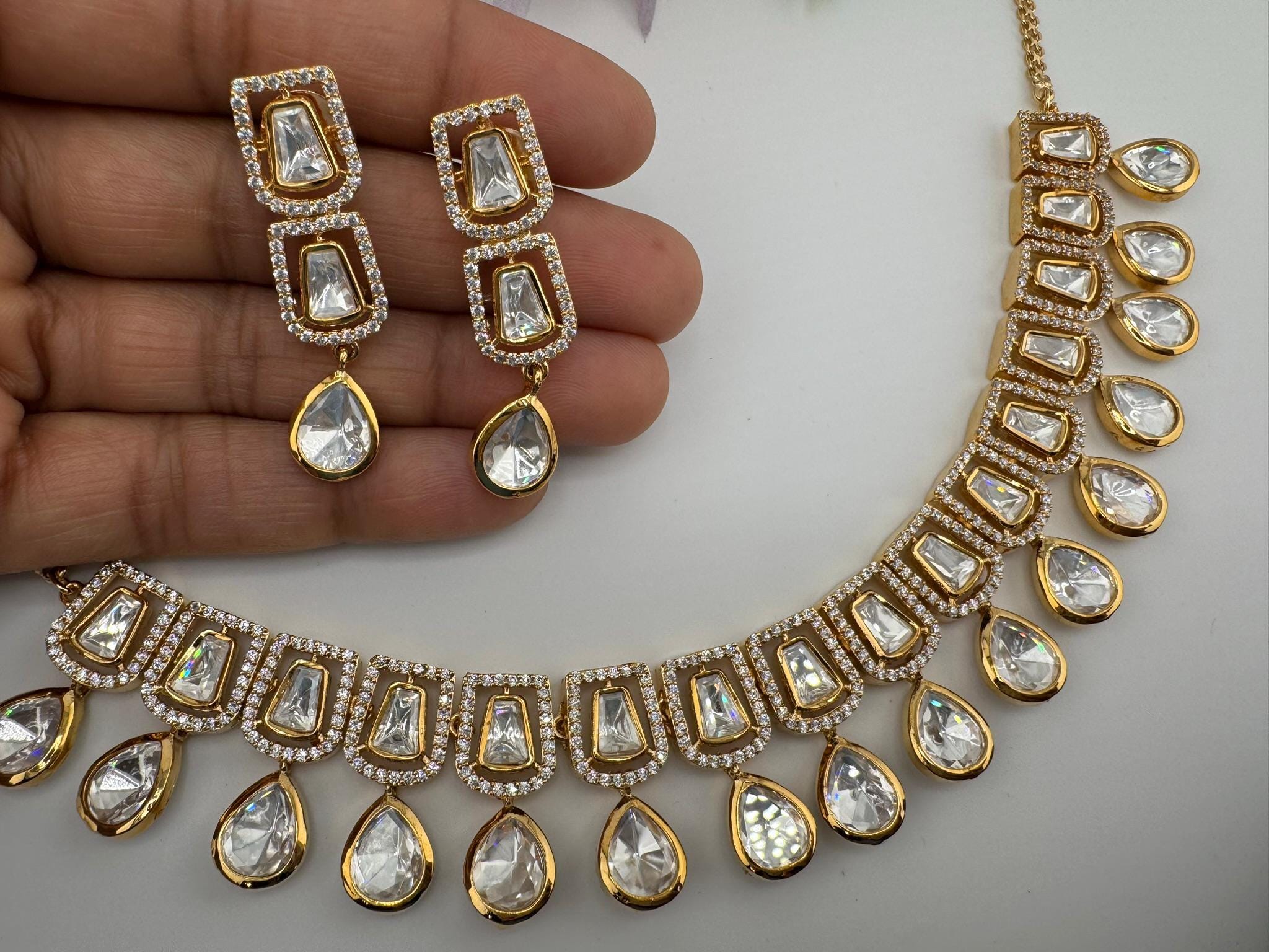 Premium Quality Moissanite Uncut Kundan & CZ is Tyaani Inspired Designer Necklace set with earrings
