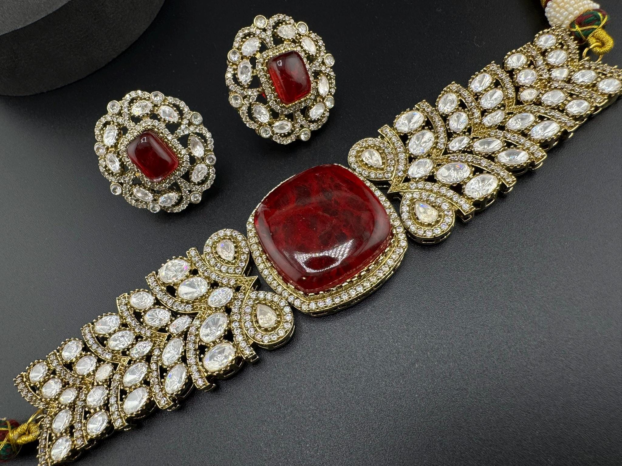 Dark Red Premium Quality Moissanite Kundan, CZ, Doublet stones is Designer Choker necklace set with Big Stud earrings